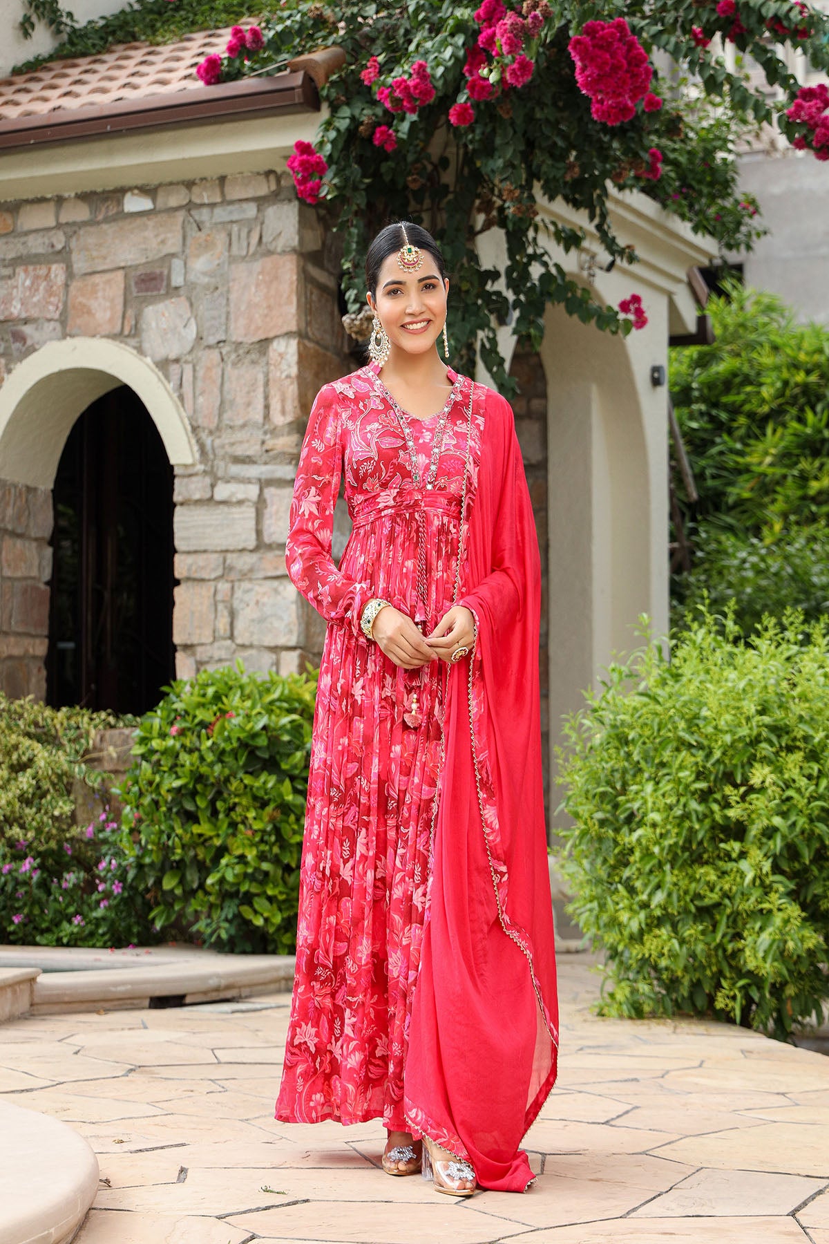 Pink Viscose Crepe Handwork Gown Set