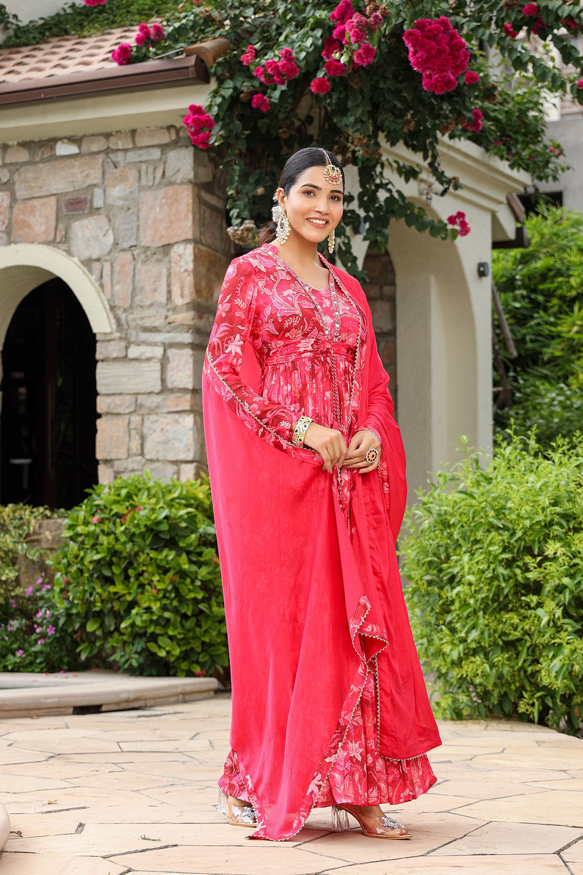 Pink Viscose Crepe Handwork Gown Set
