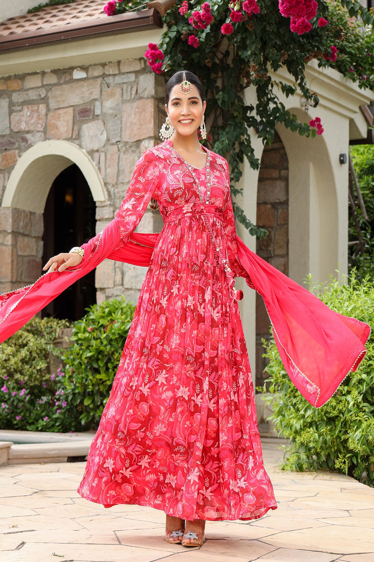 Pink Viscose Crepe Handwork Gown Set