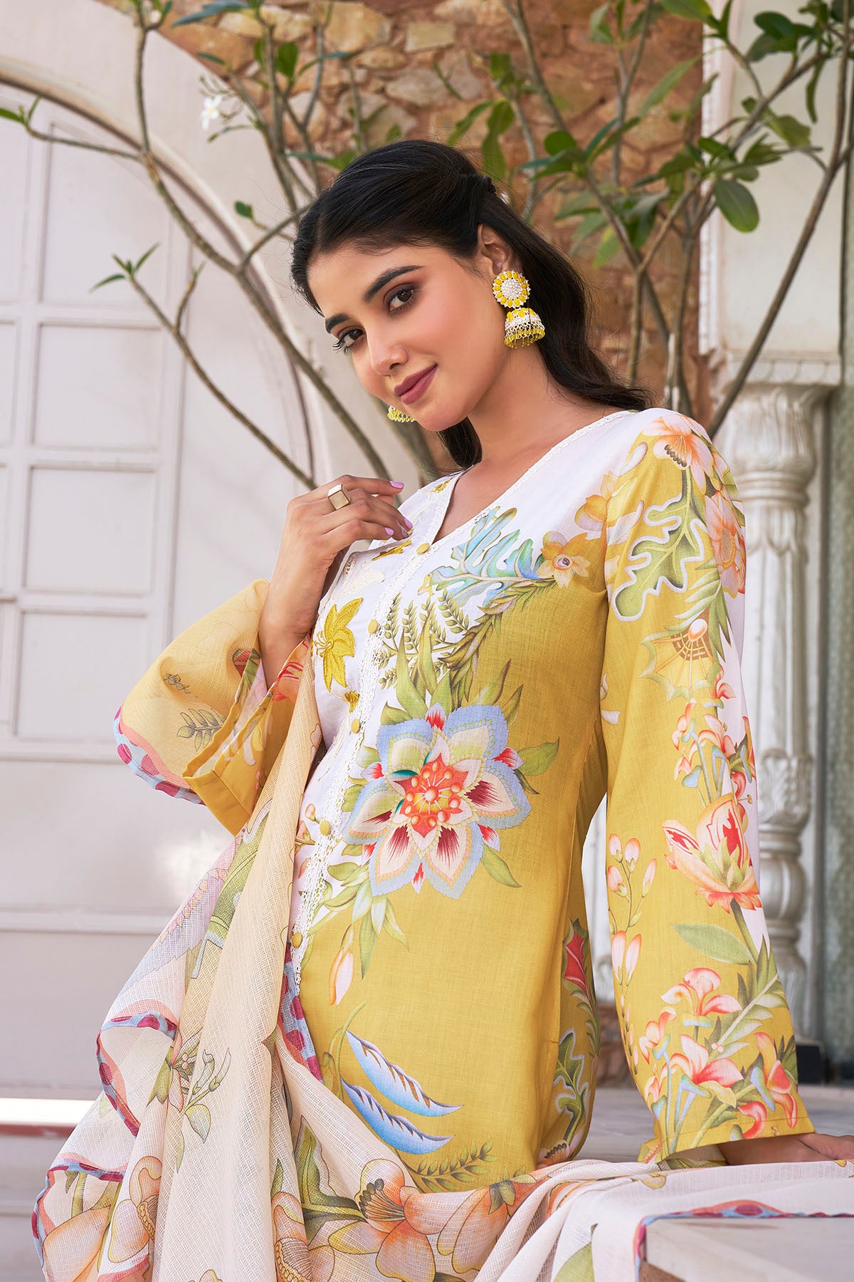 Yellow Cotton Printed Straight Suit