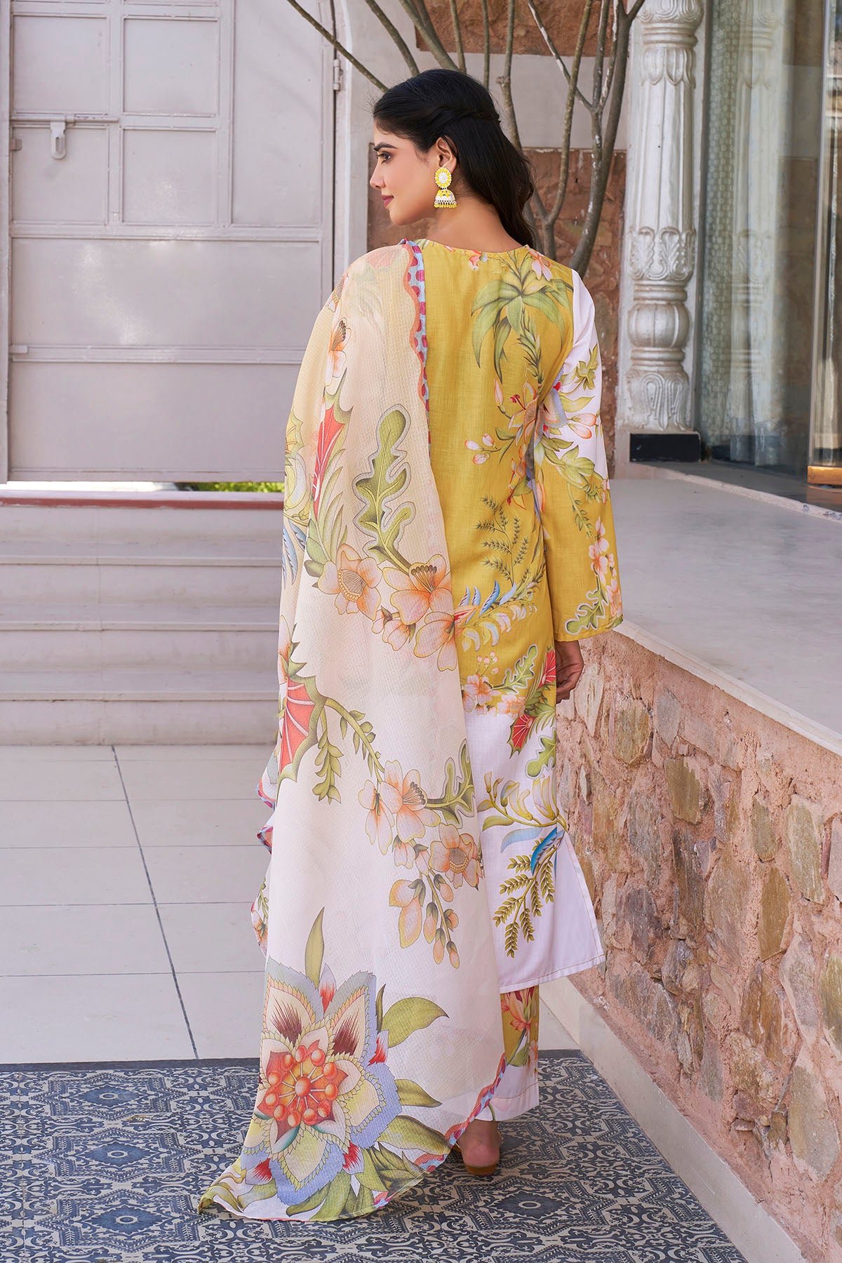 Yellow Cotton Printed Straight Suit