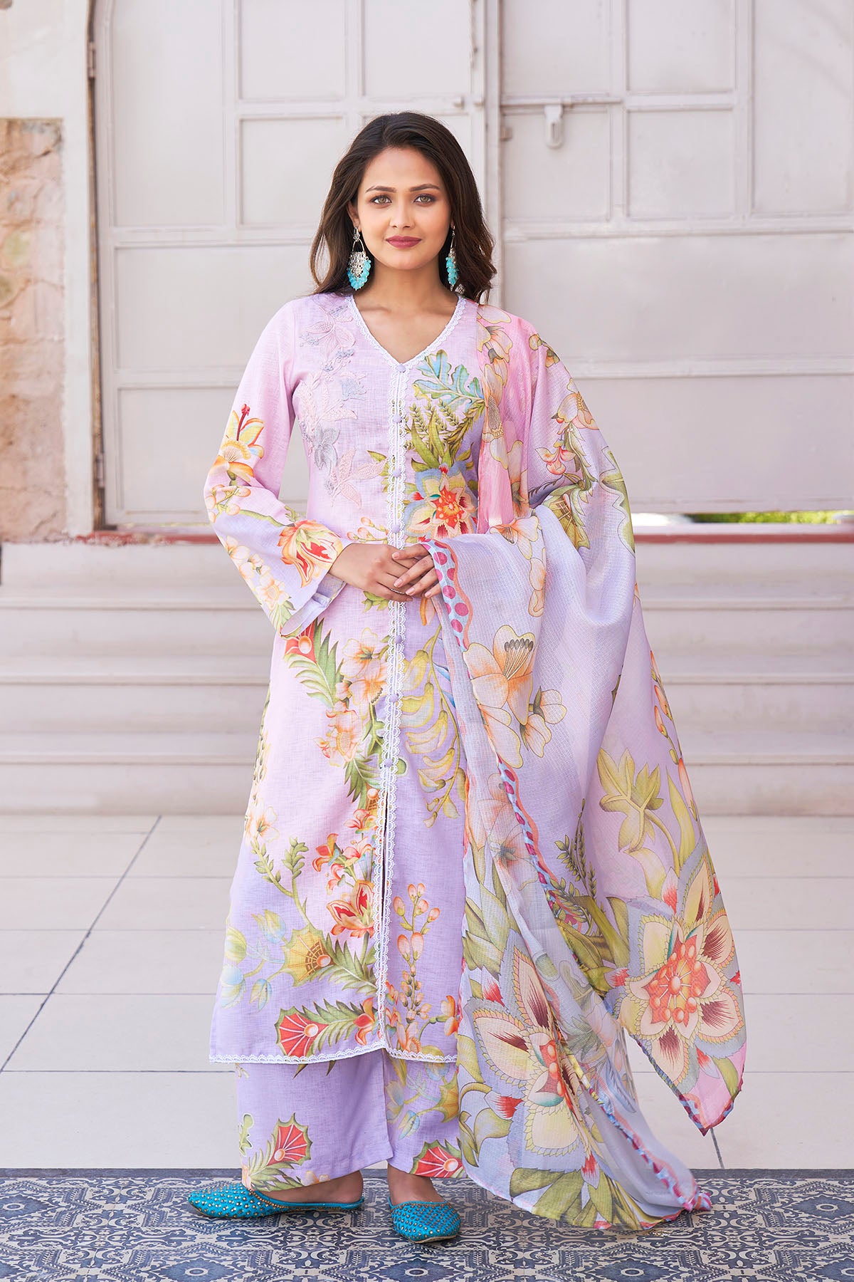 Lavender Cotton Printed Straight Suit