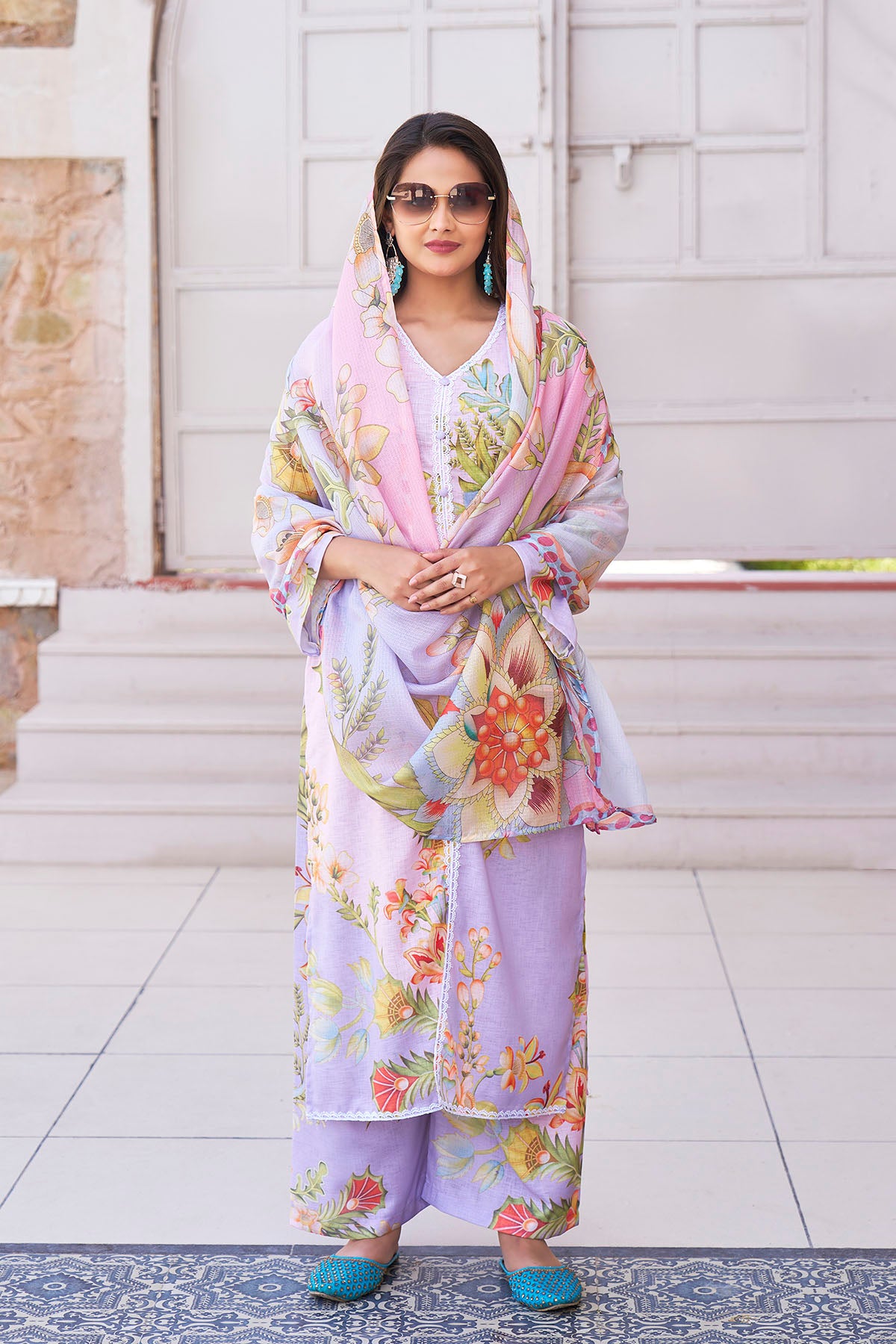 Lavender Cotton Printed Straight Suit