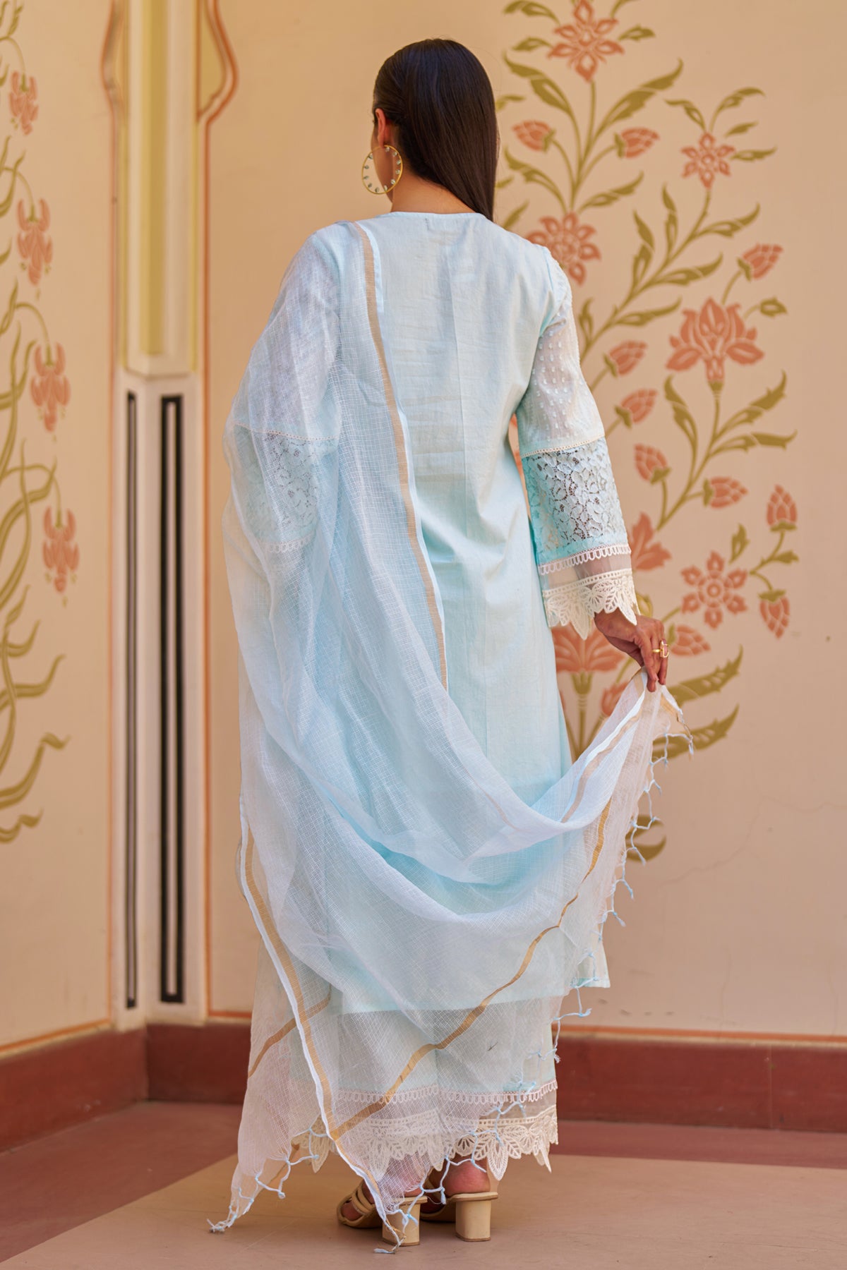 Sky Blue Cotton Embroidered Suit Set