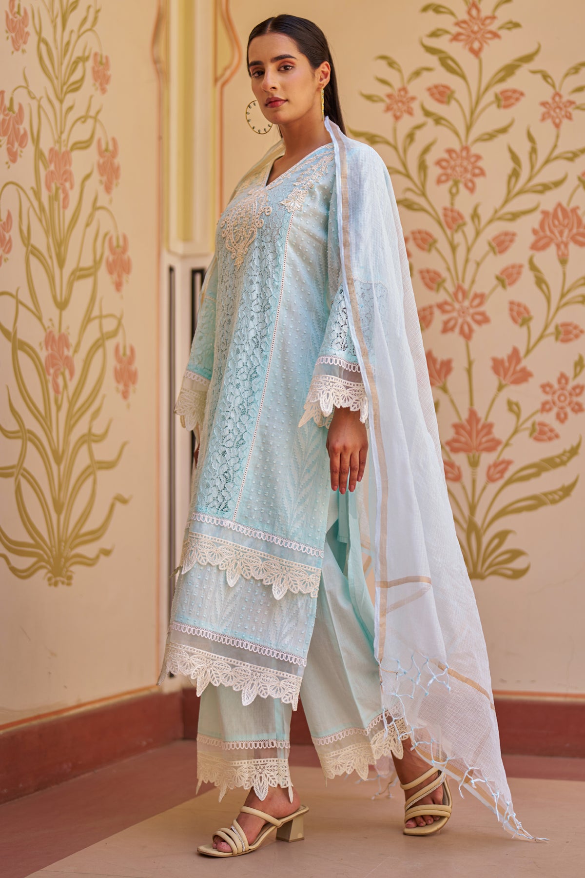 Sky Blue Cotton Embroidered Suit Set
