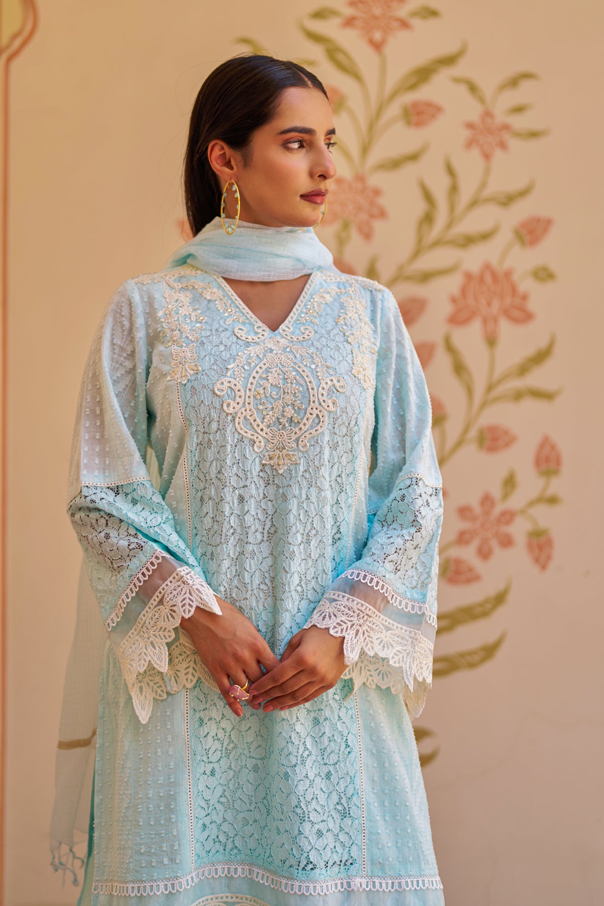 Sky Blue Cotton Embroidered Suit Set