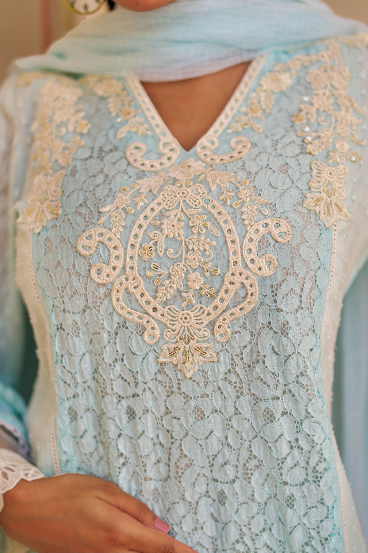 Sky Blue Cotton Embroidered Suit Set