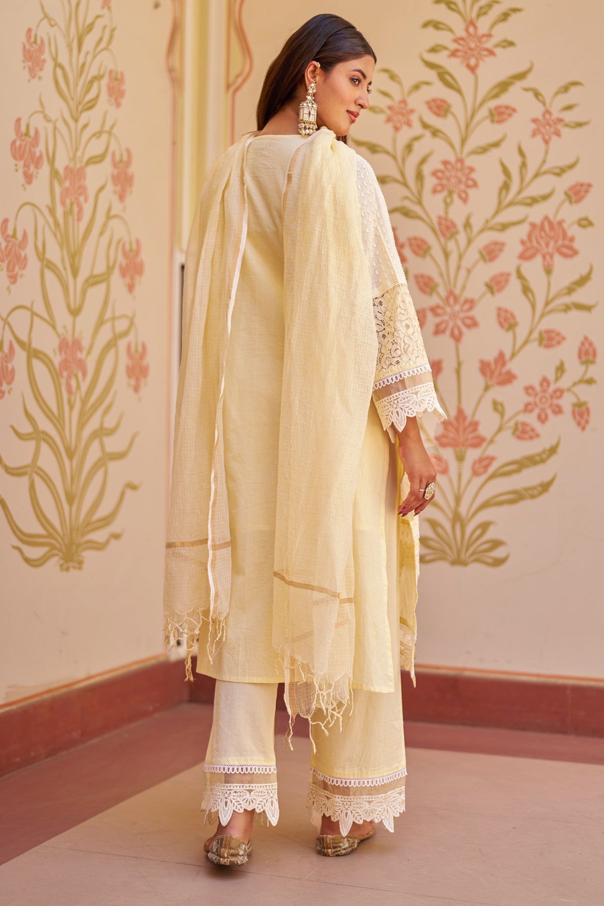 Yellow Cotton Embroidered Suit Set