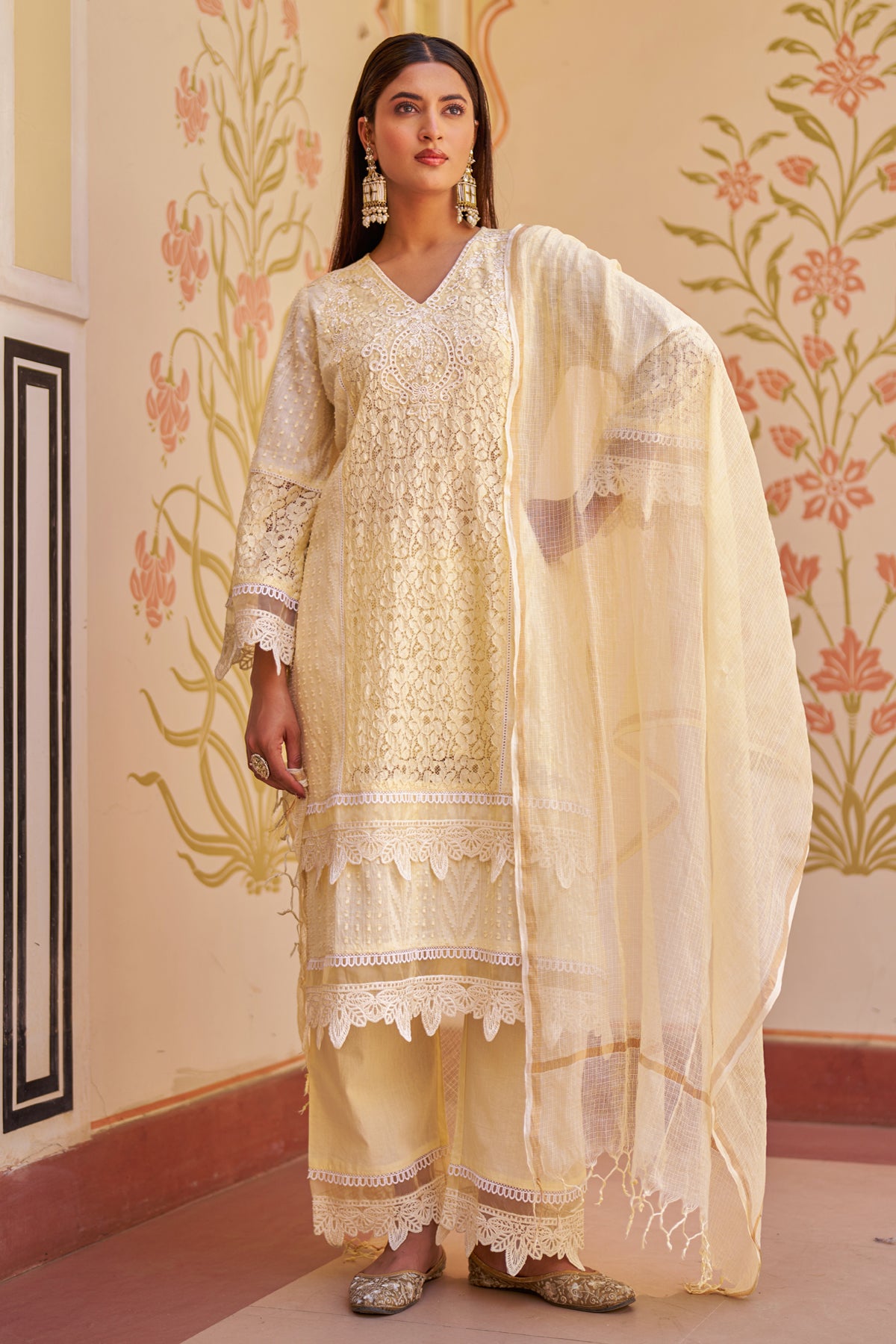 Yellow Cotton Embroidered Suit Set