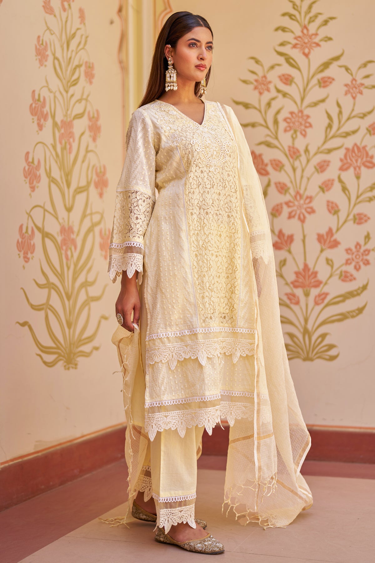 Yellow Cotton Embroidered Suit Set