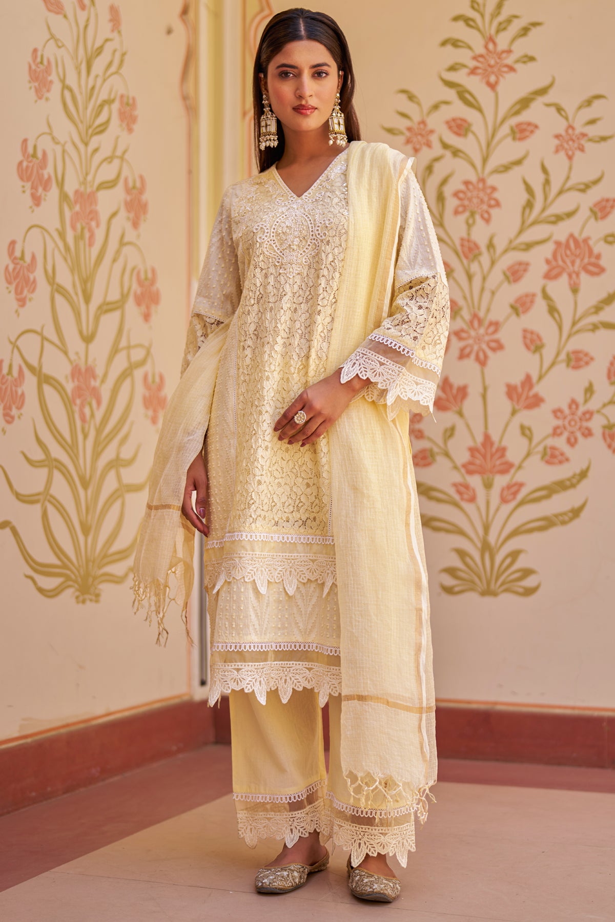 Yellow Cotton Embroidered Suit Set