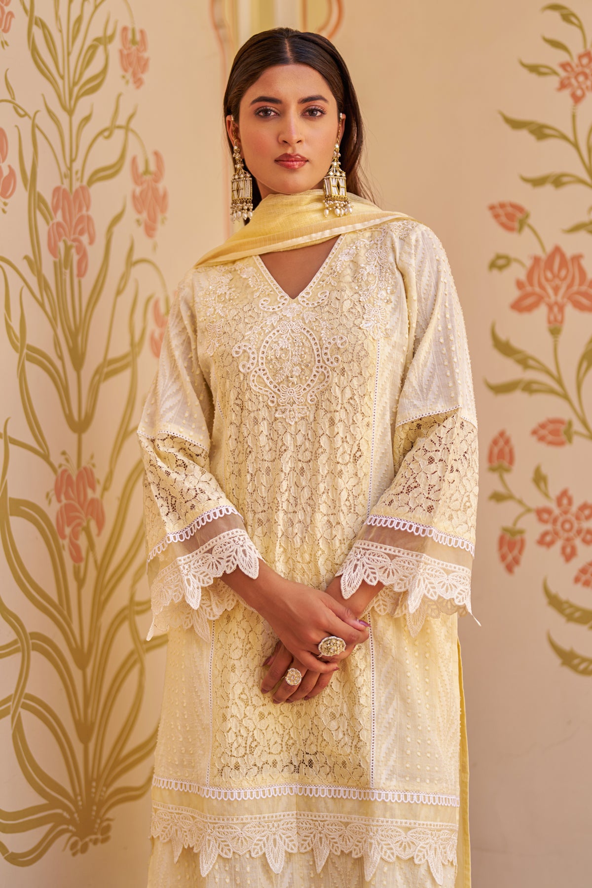Yellow Cotton Embroidered Suit Set