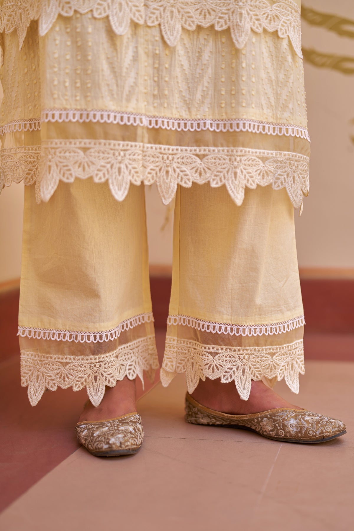 Yellow Cotton Embroidered Suit Set