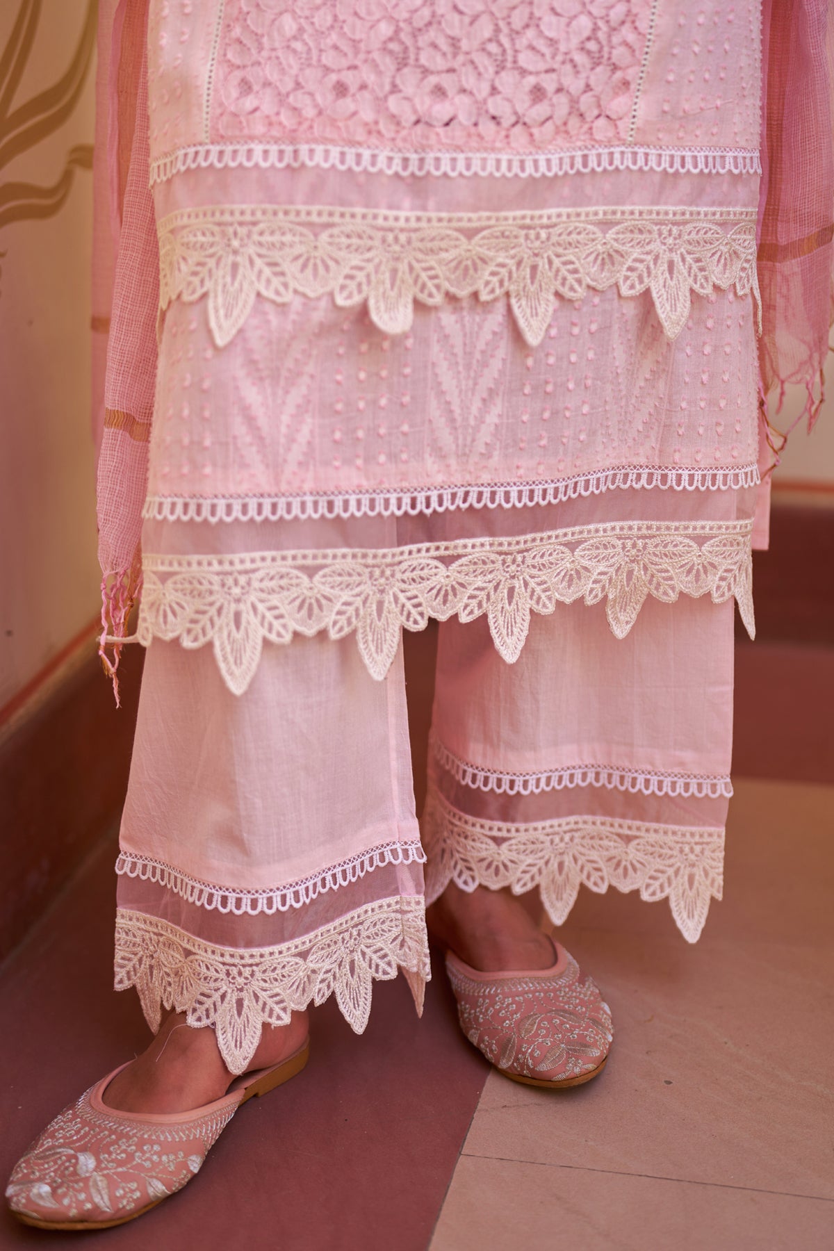 Pink Cotton Embroidered Suit Set