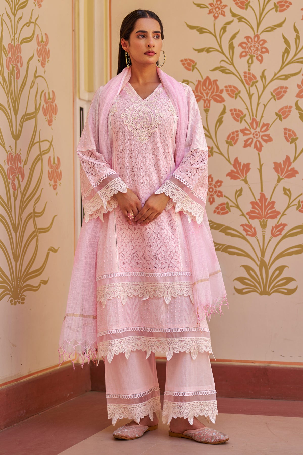 Pink Cotton Embroidered Suit Set