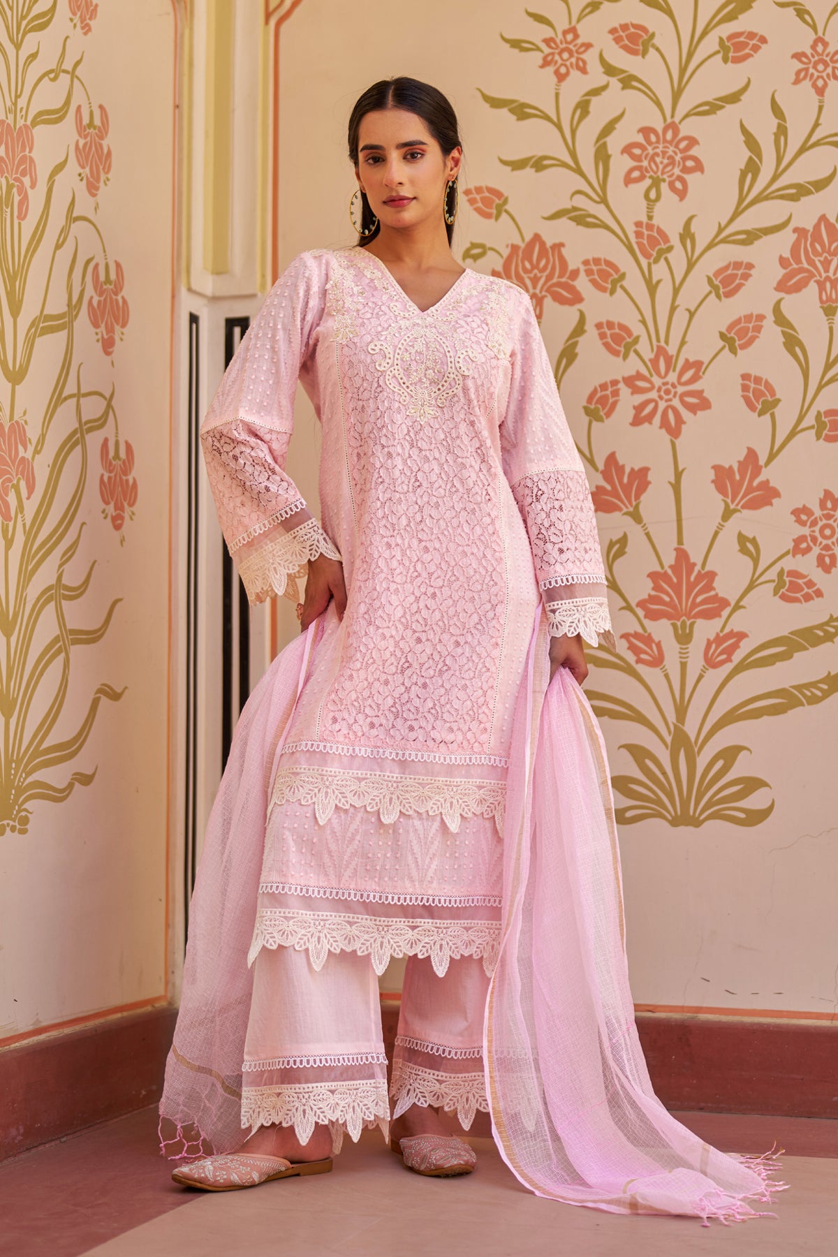 Pink Cotton Embroidered Suit Set