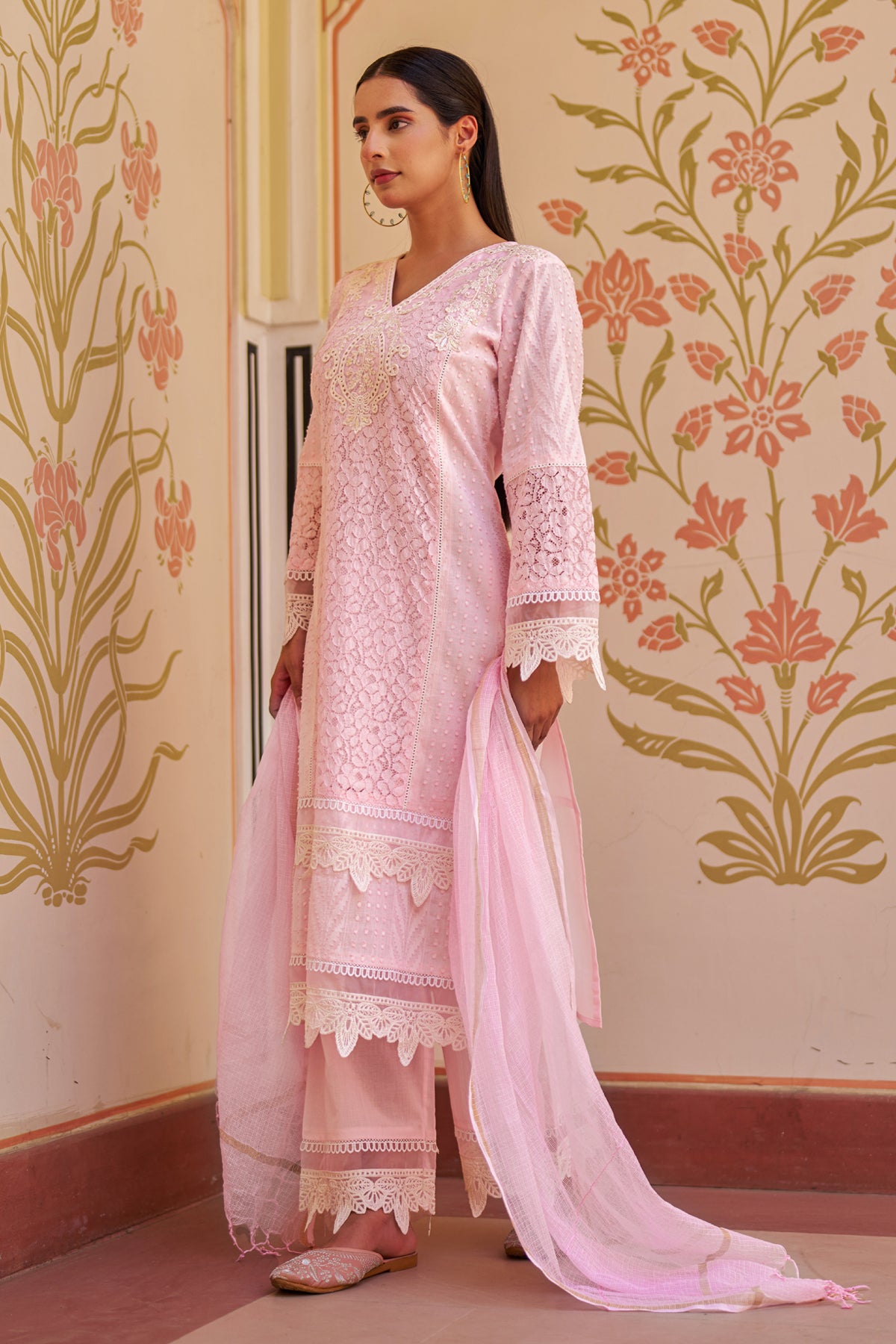 Pink Cotton Embroidered Suit Set