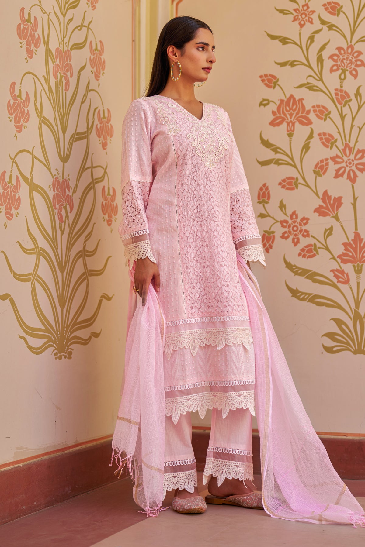 Pink Cotton Embroidered Suit Set
