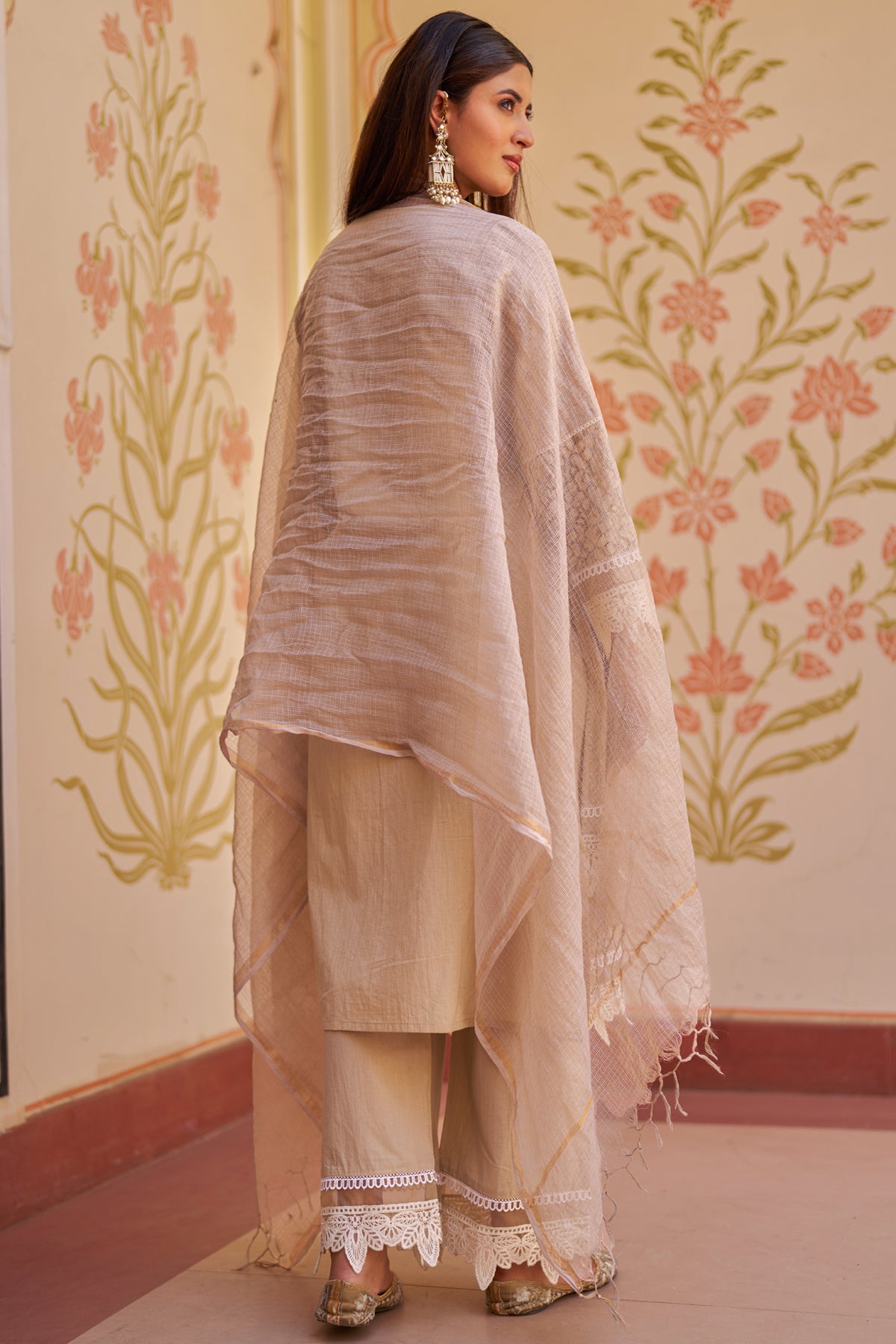 Beige Cotton Embroidered Suit Set