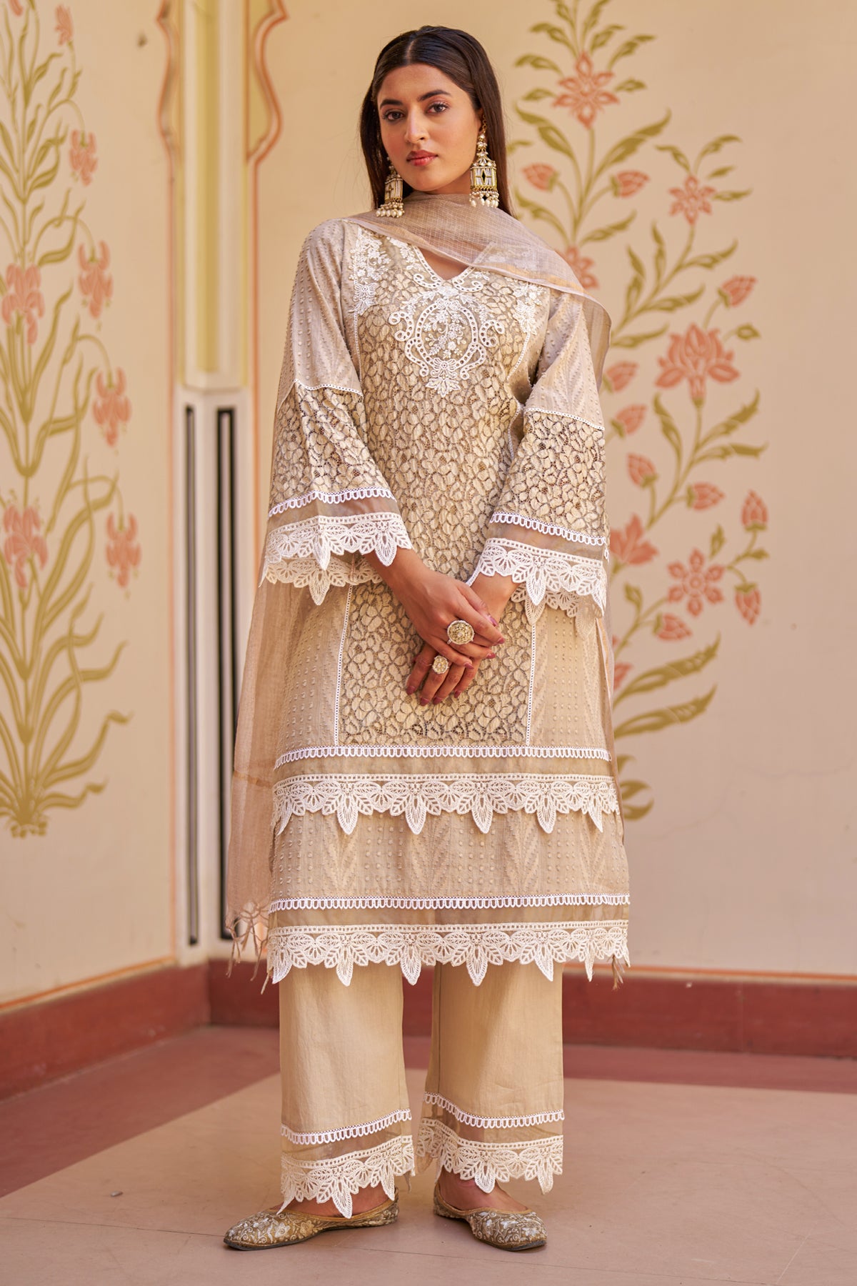Beige Cotton Embroidered Suit Set