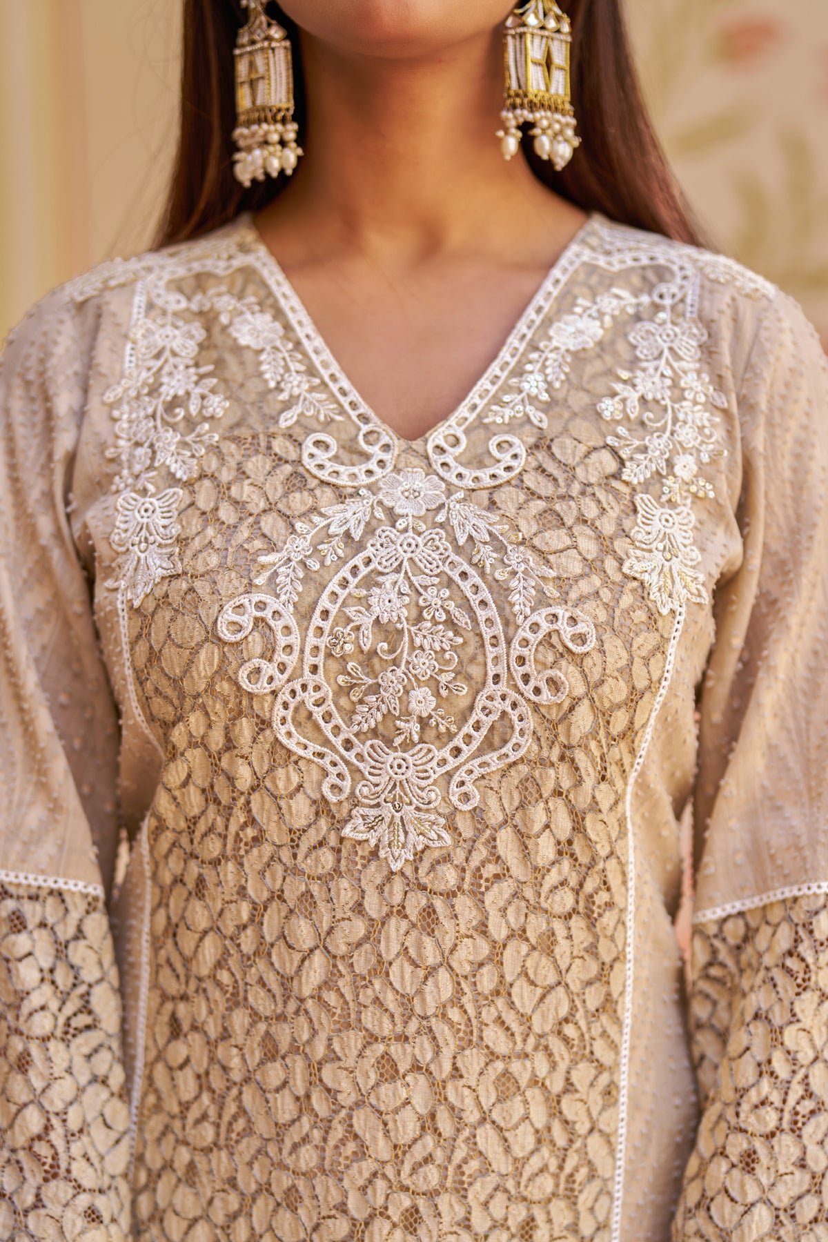 Beige Cotton Embroidered Suit Set