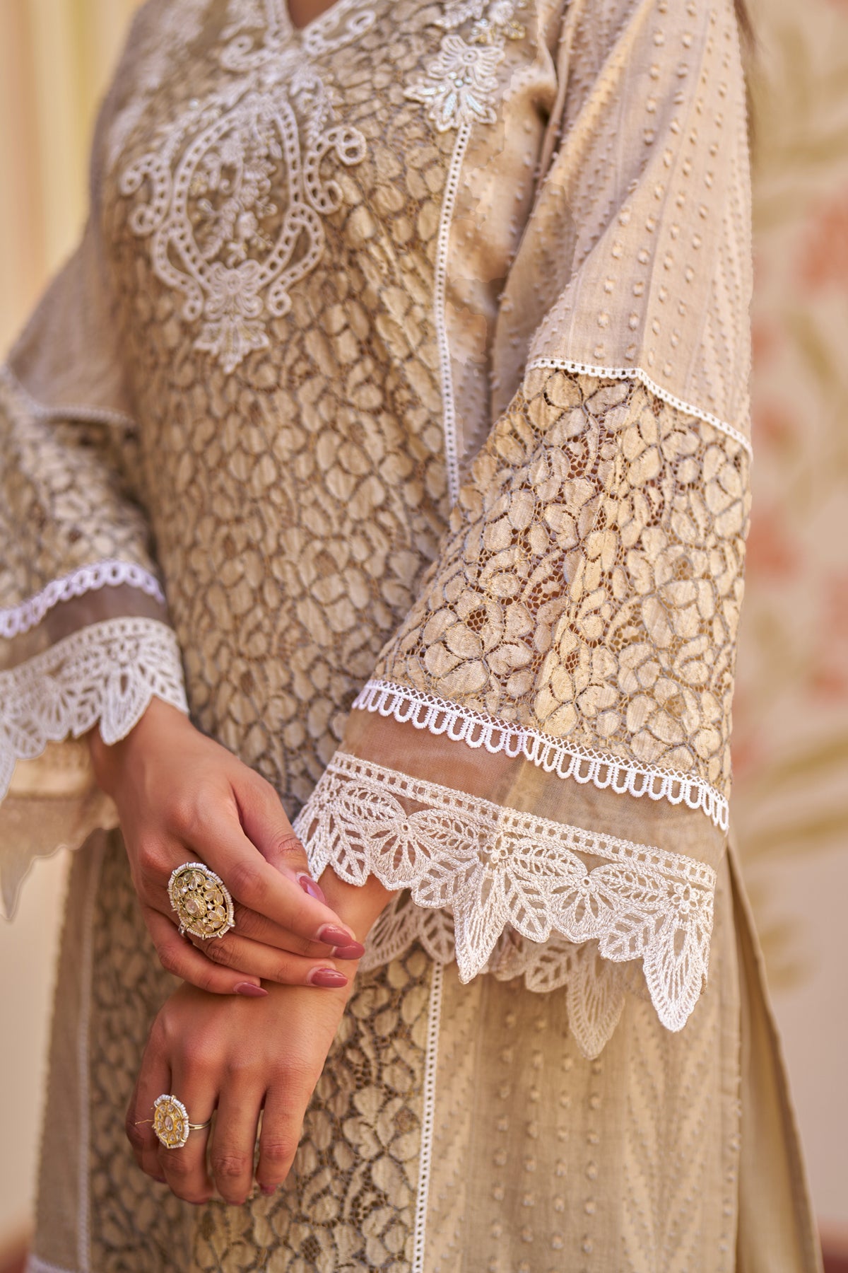 Beige Cotton Embroidered Suit Set