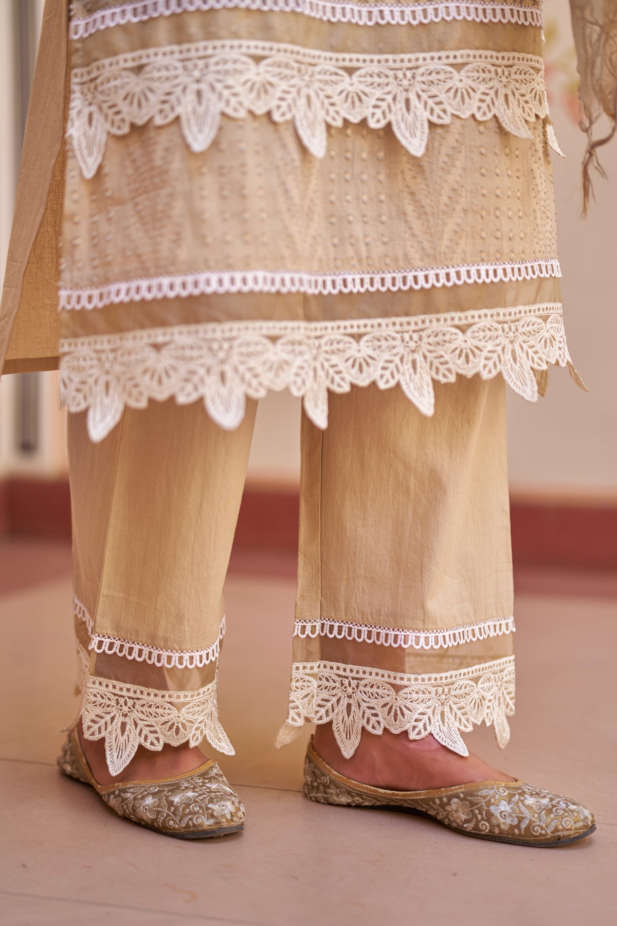 Beige Cotton Embroidered Suit Set