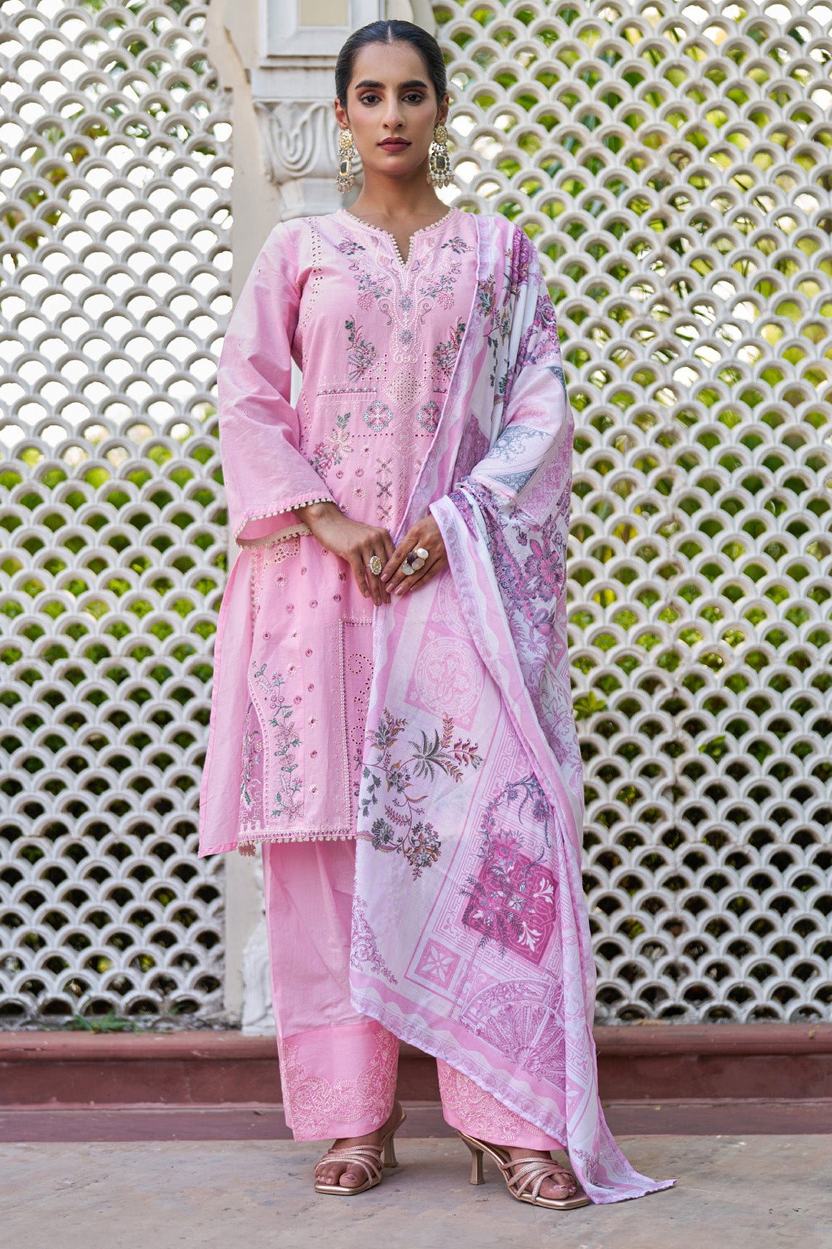 Pink cotton embroidered Farshi Suit Set With Dupatta