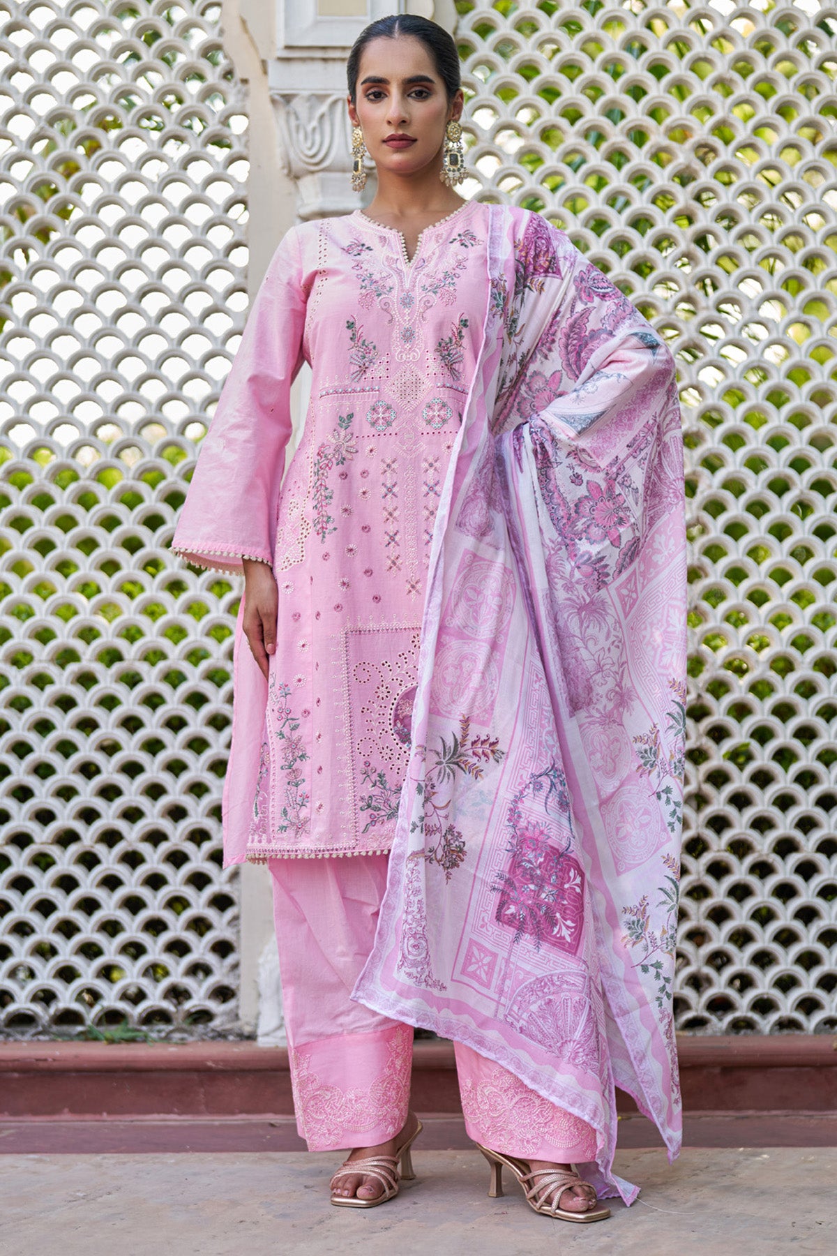 Pink cotton embroidered Farshi Suit Set With Dupatta