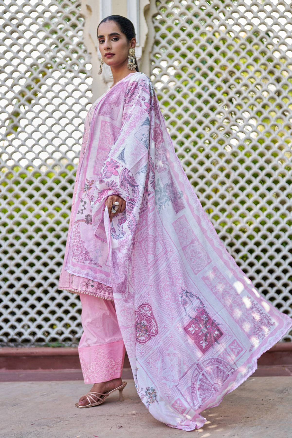 Pink cotton embroidered Farshi Suit Set With Dupatta