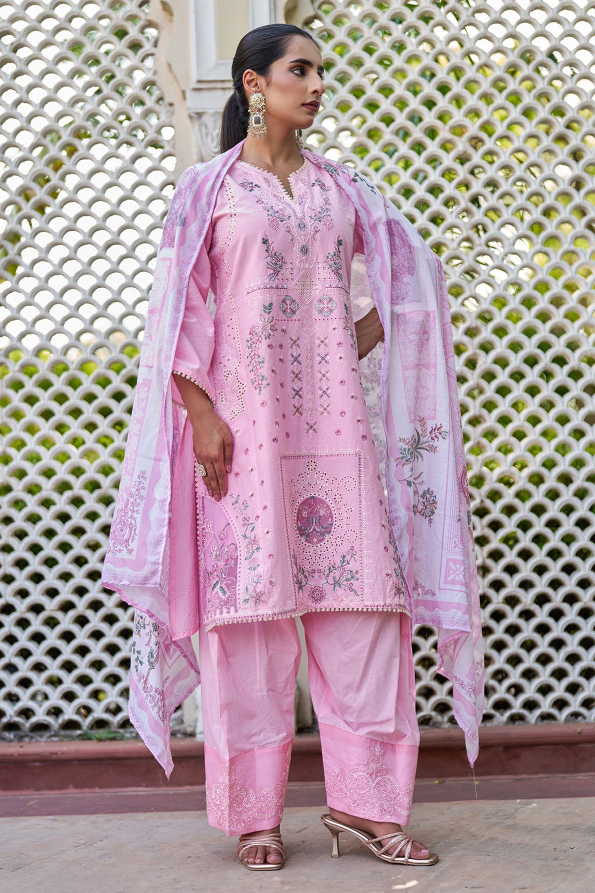 Pink cotton embroidered Farshi Suit Set With Dupatta