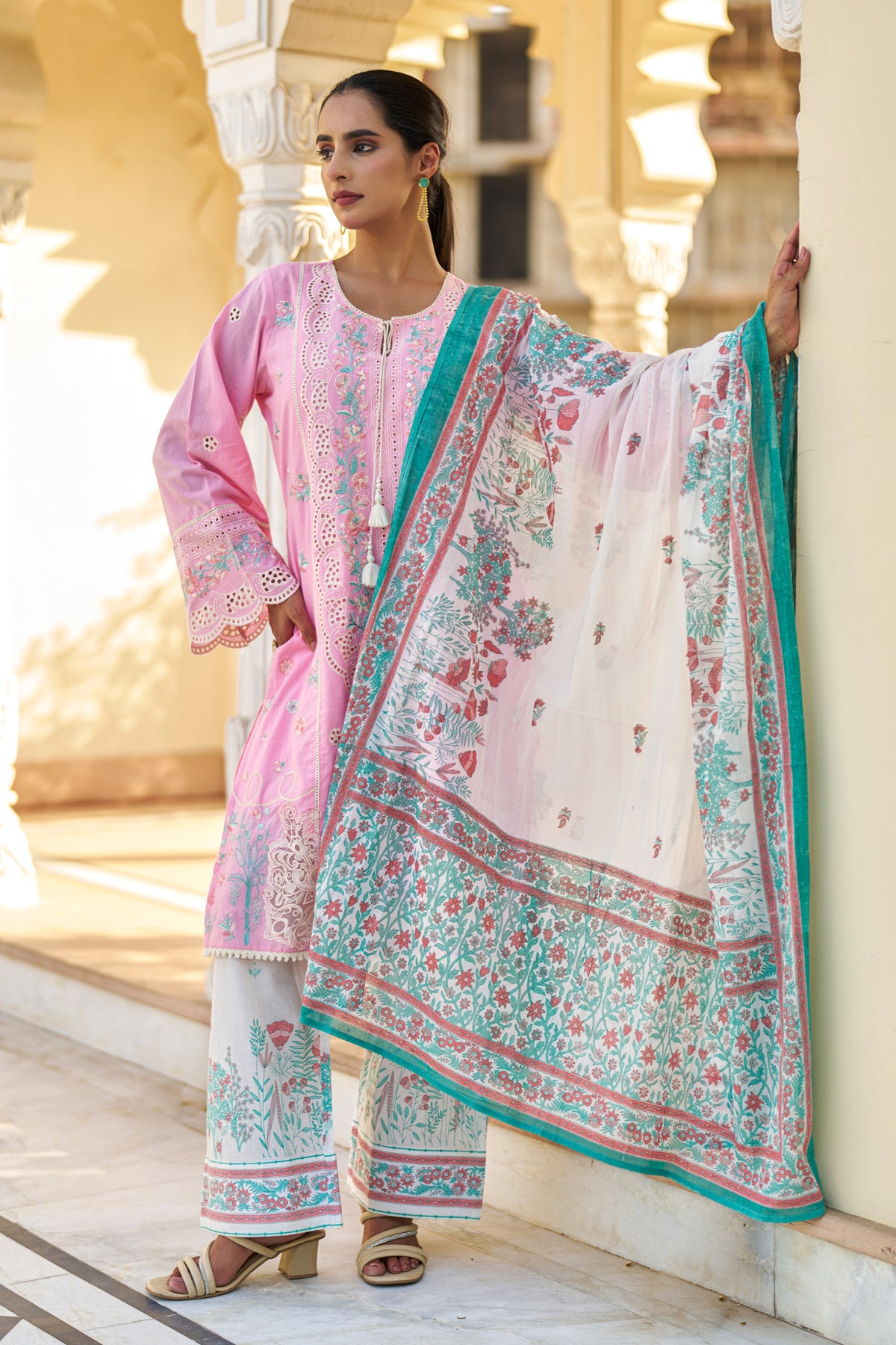 Pink Cotton Embroidered Suit Set