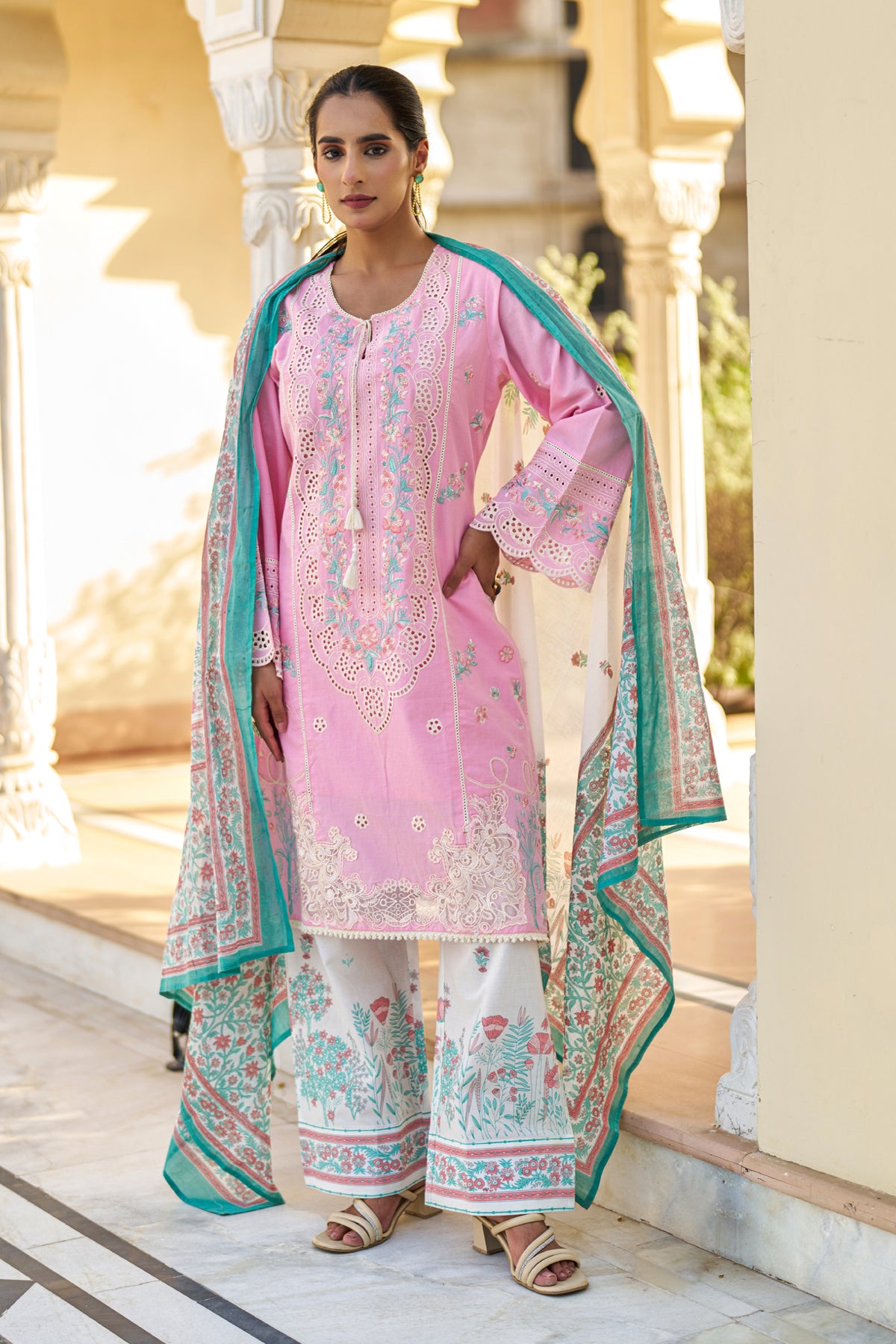 Pink Cotton Embroidered Suit Set