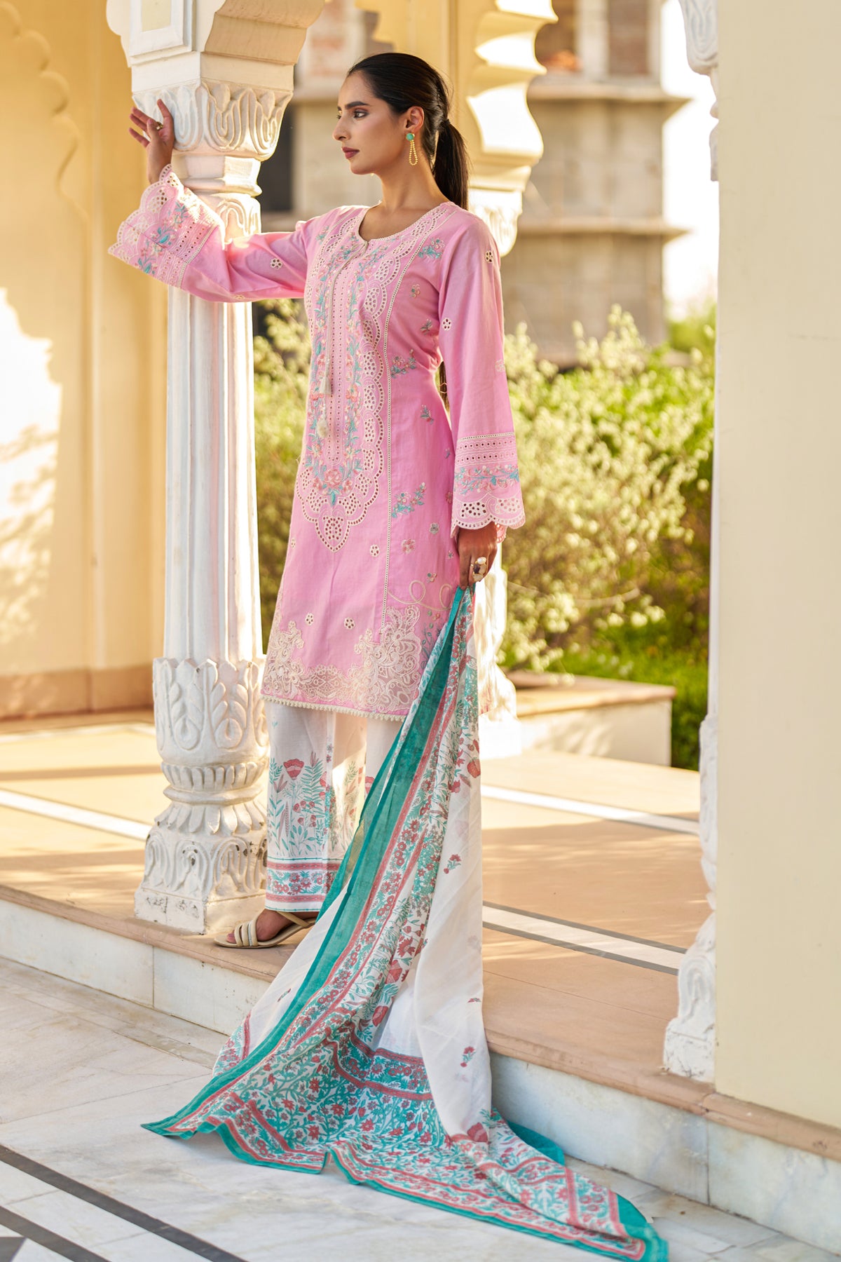 Pink Cotton Embroidered Suit Set