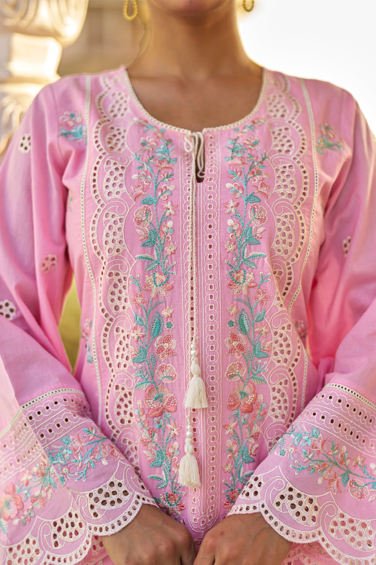 Pink Cotton Embroidered Suit Set