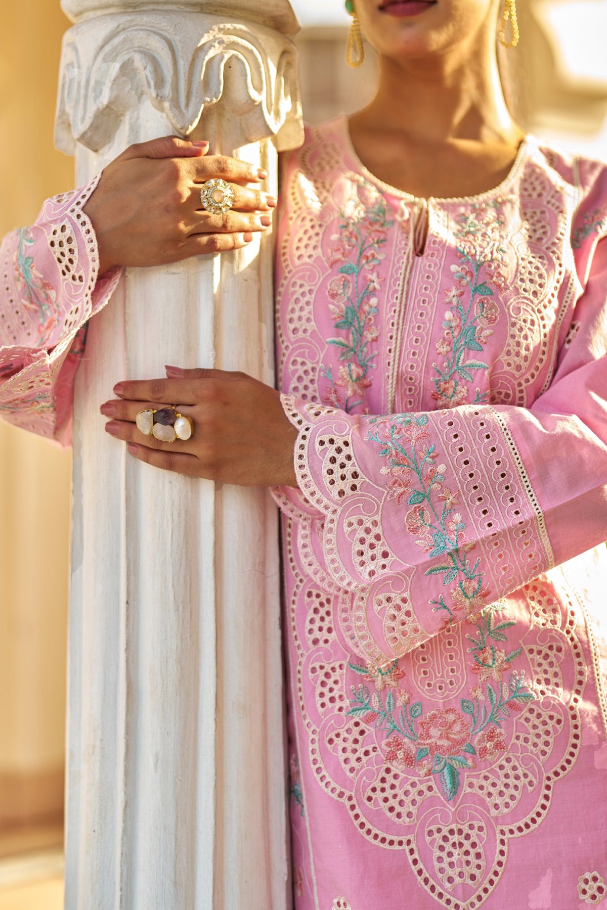 Pink Cotton Embroidered Suit Set
