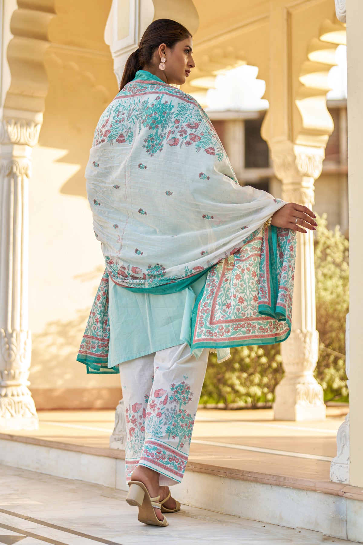 Sky Blue Cotton Embroidered Suit Set