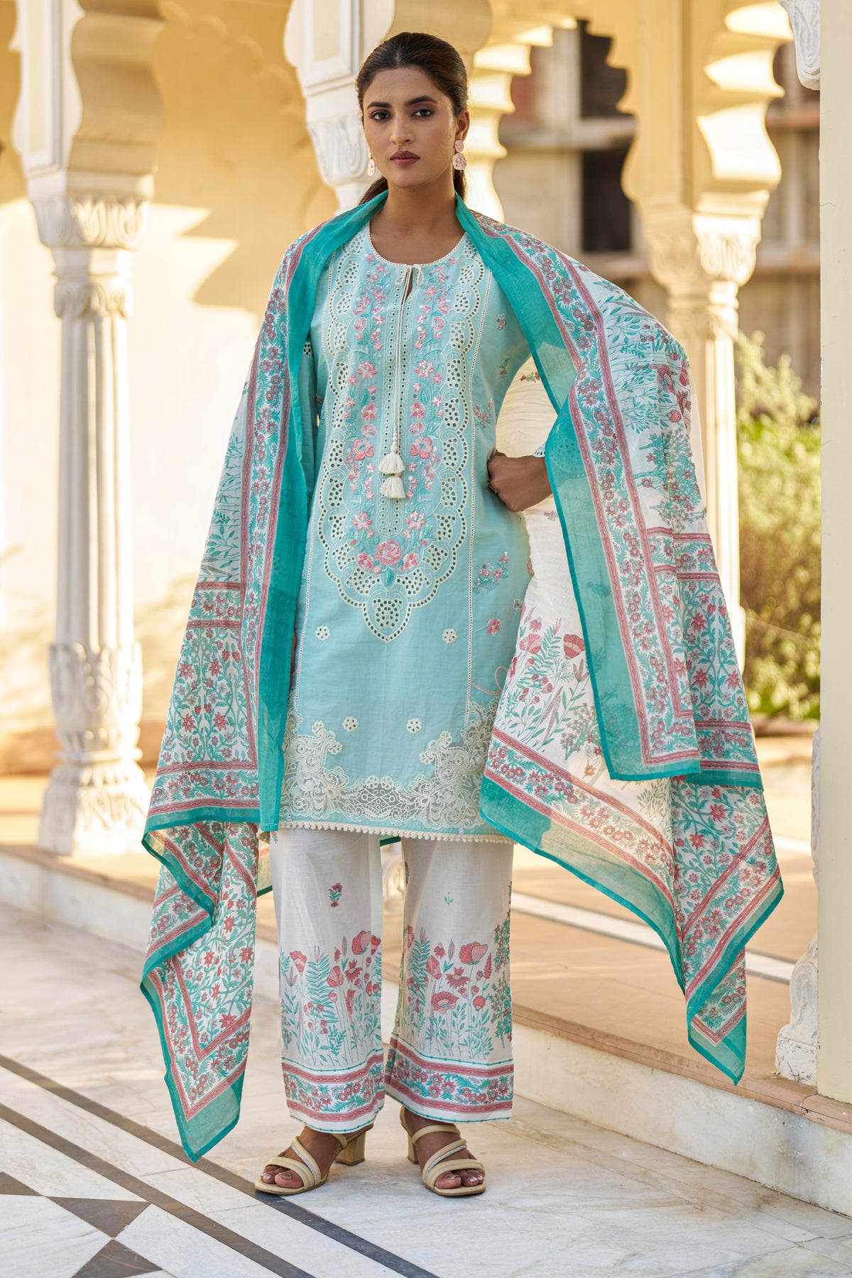 Sky Blue Cotton Embroidered Suit Set