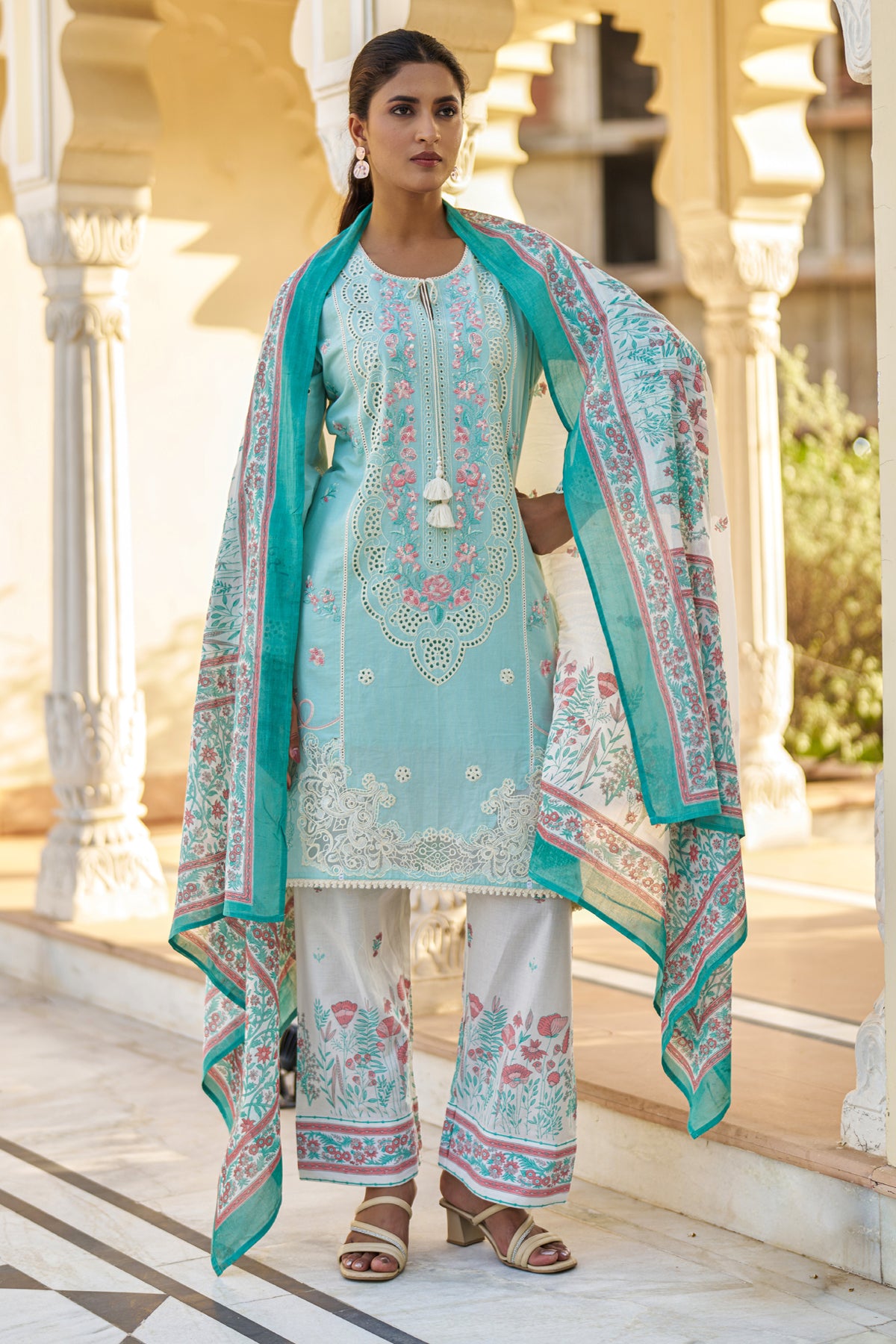 Sky Blue Cotton Embroidered Suit Set