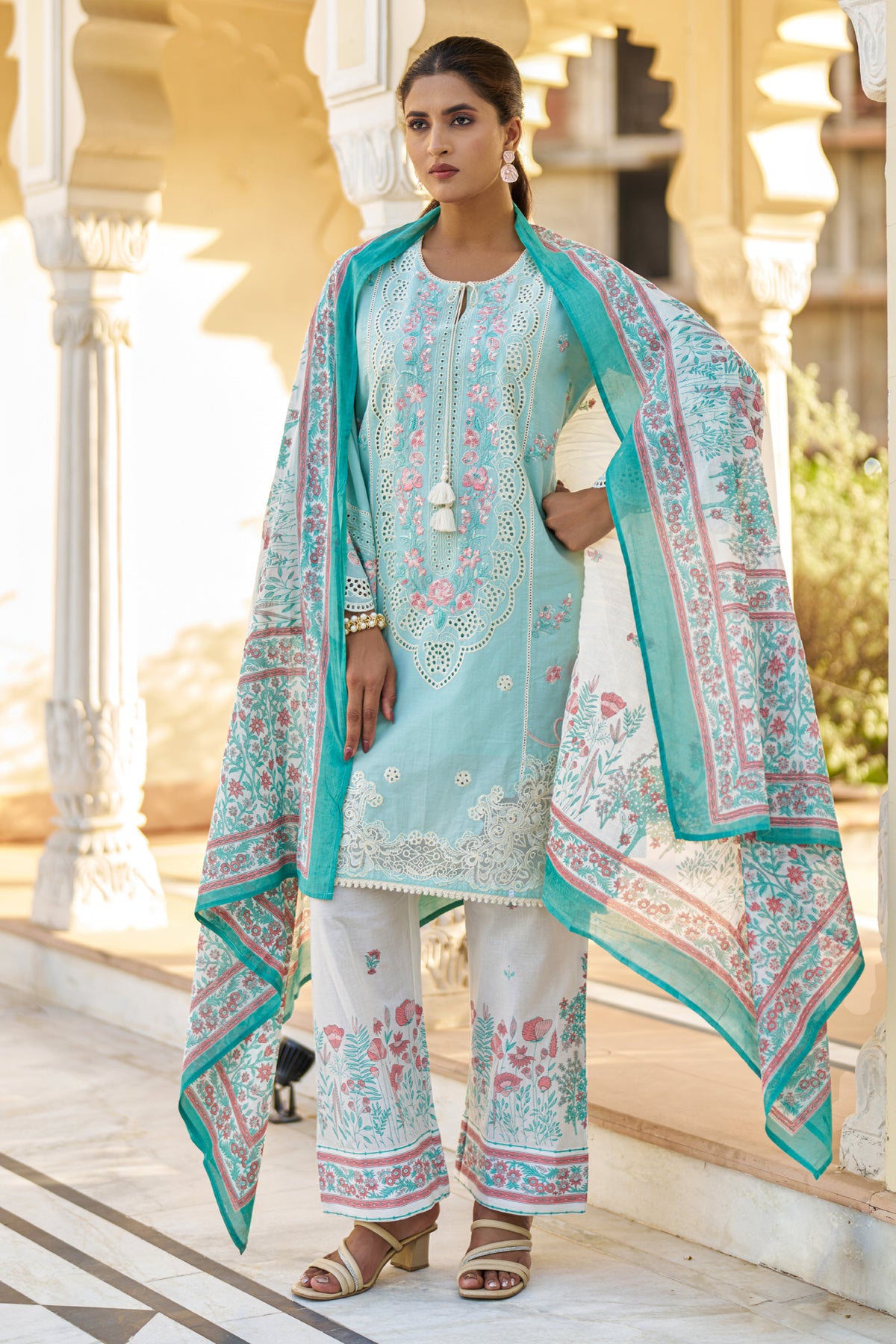 Sky Blue Cotton Embroidered Suit Set