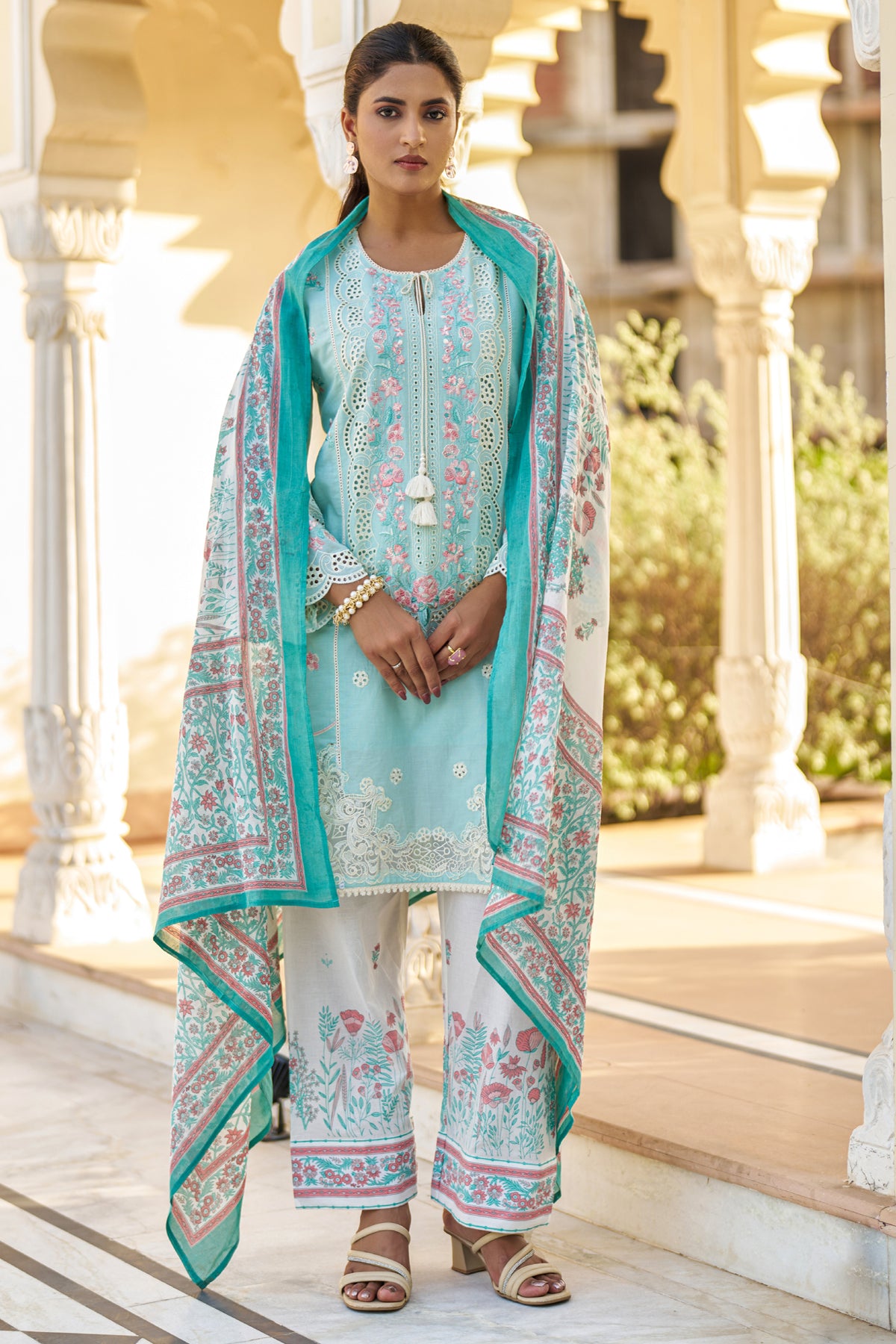 Sky Blue Cotton Embroidered Suit Set