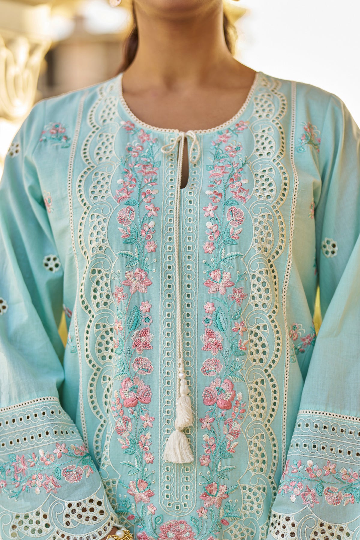 Sky Blue Cotton Embroidered Suit Set