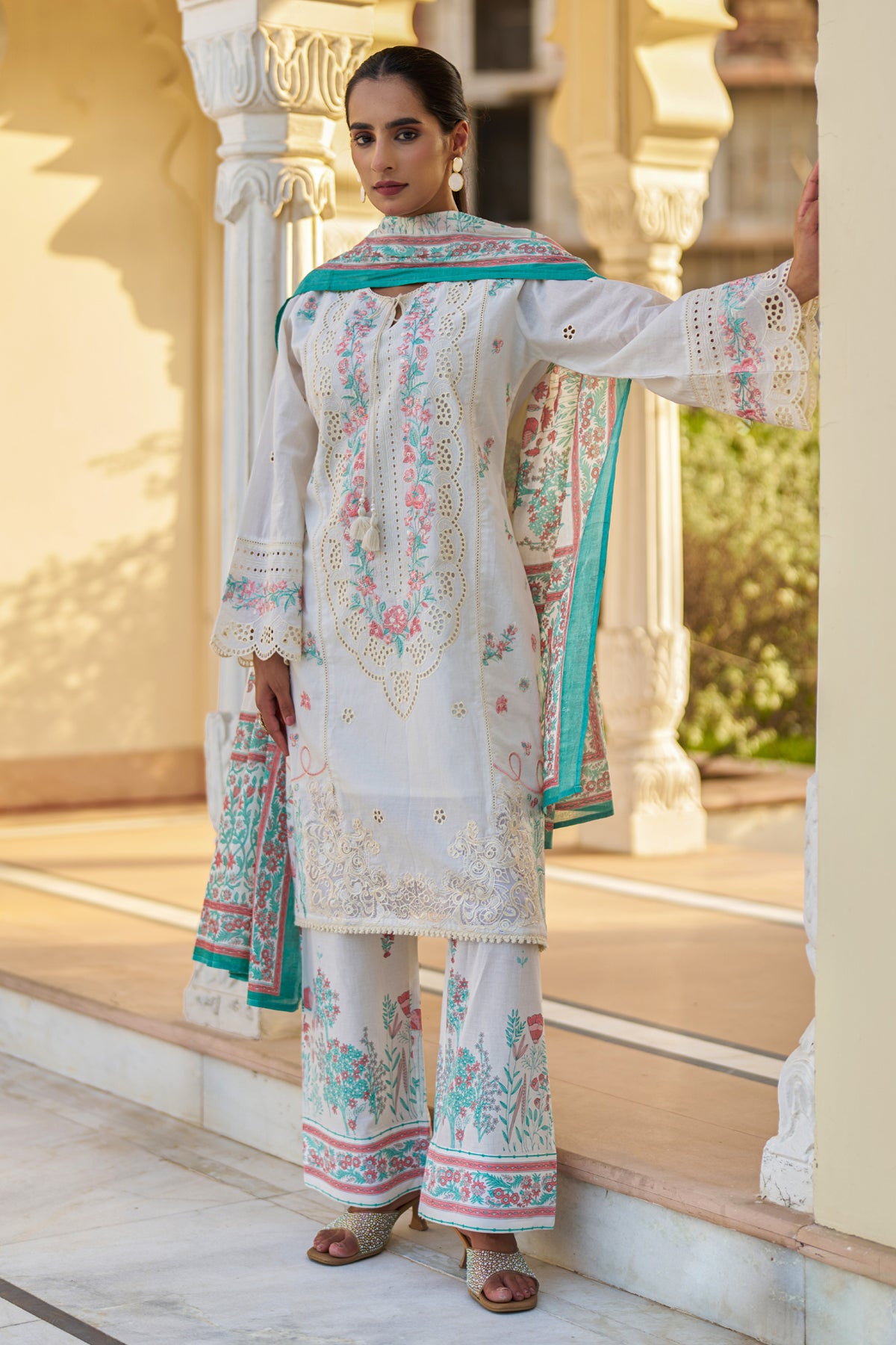 White Cotton Embroidered Suit Set