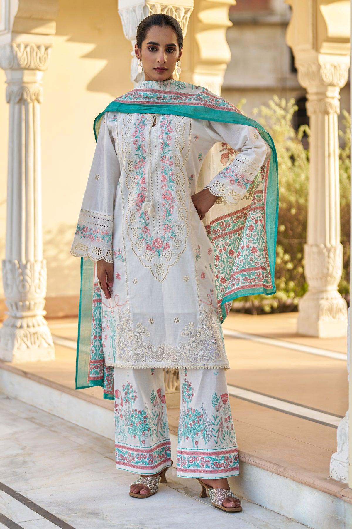 White Cotton Embroidered Suit Set