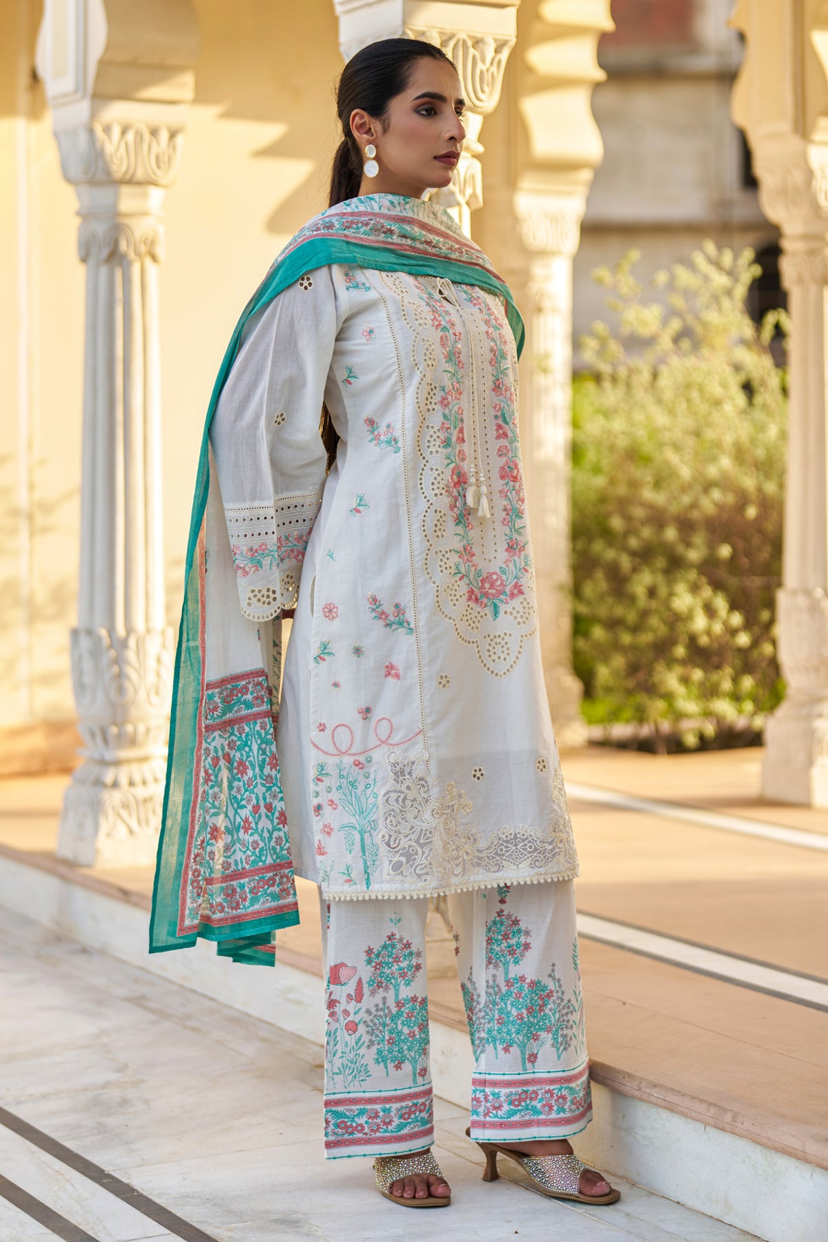 White Cotton Embroidered Suit Set