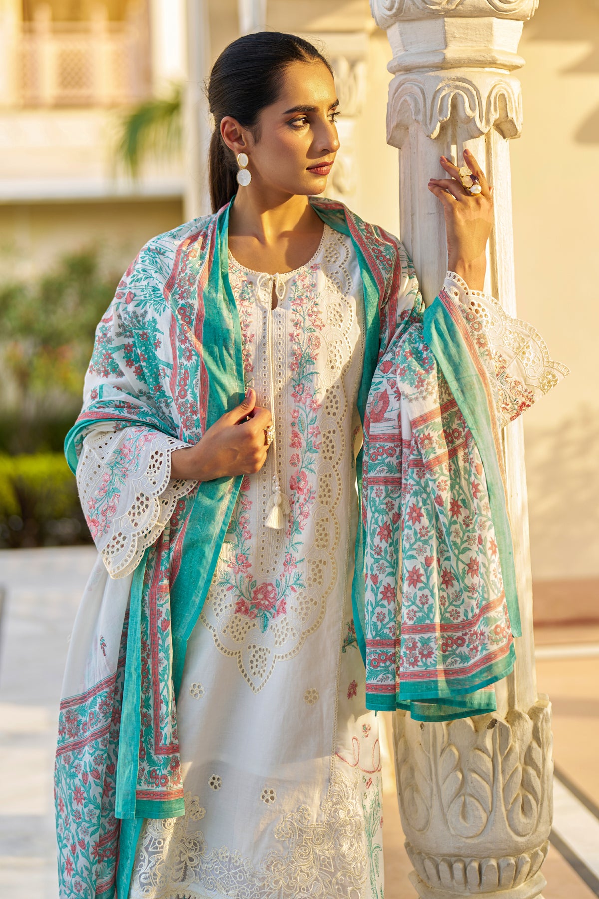 White Cotton Embroidered Suit Set