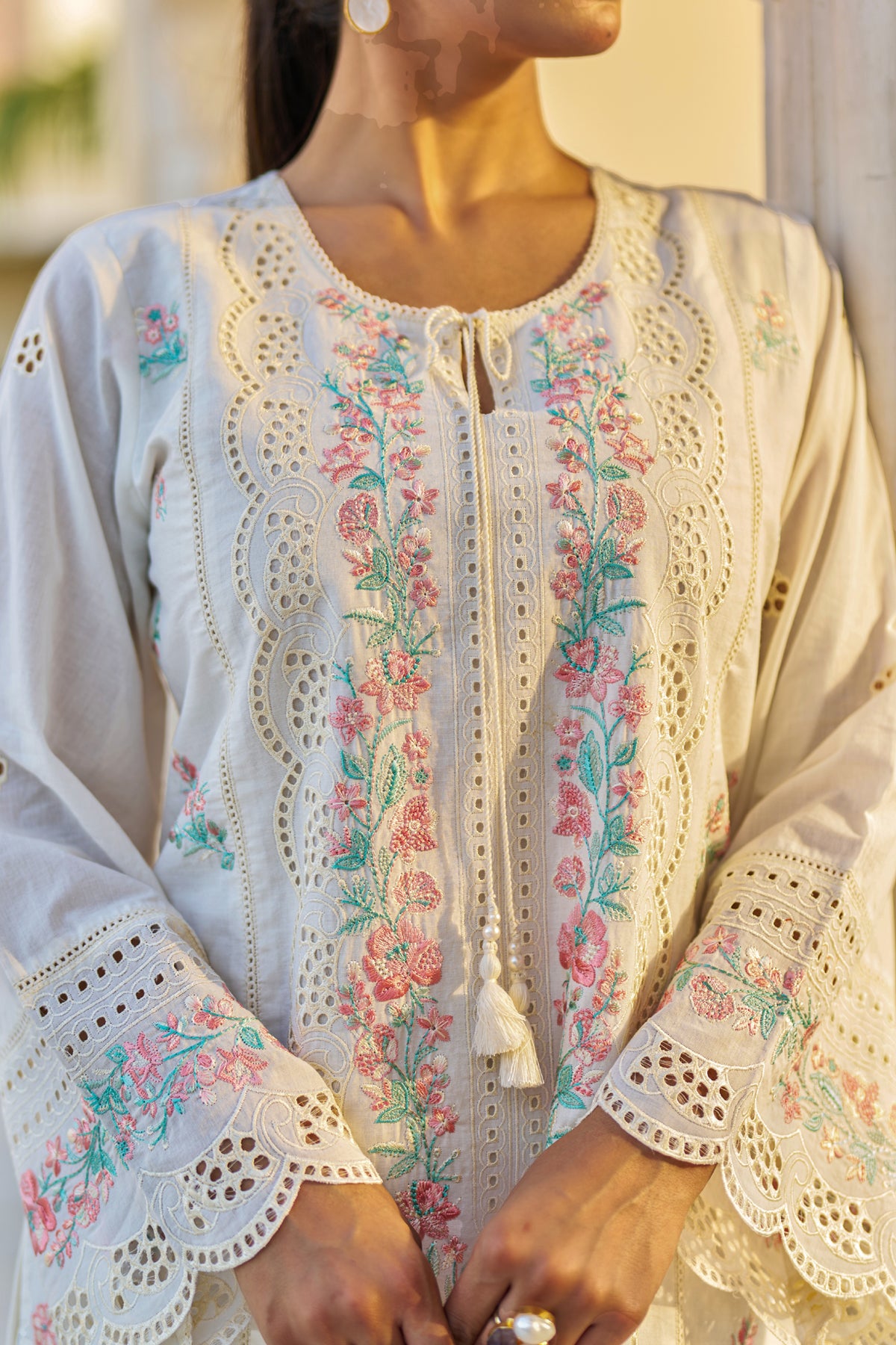 White Cotton Embroidered Suit Set
