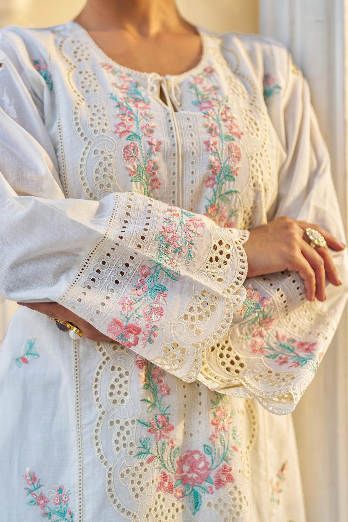 White Cotton Embroidered Suit Set