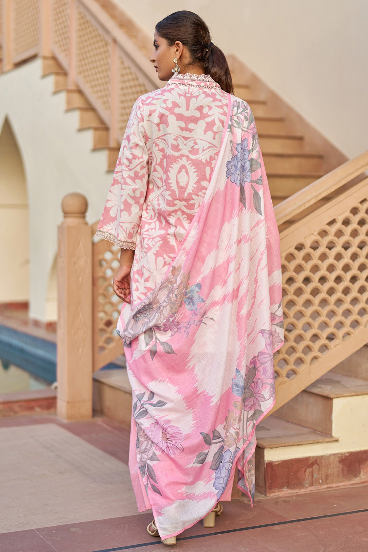 pink cotton embroidered Farshi Suit Set With Dupatta