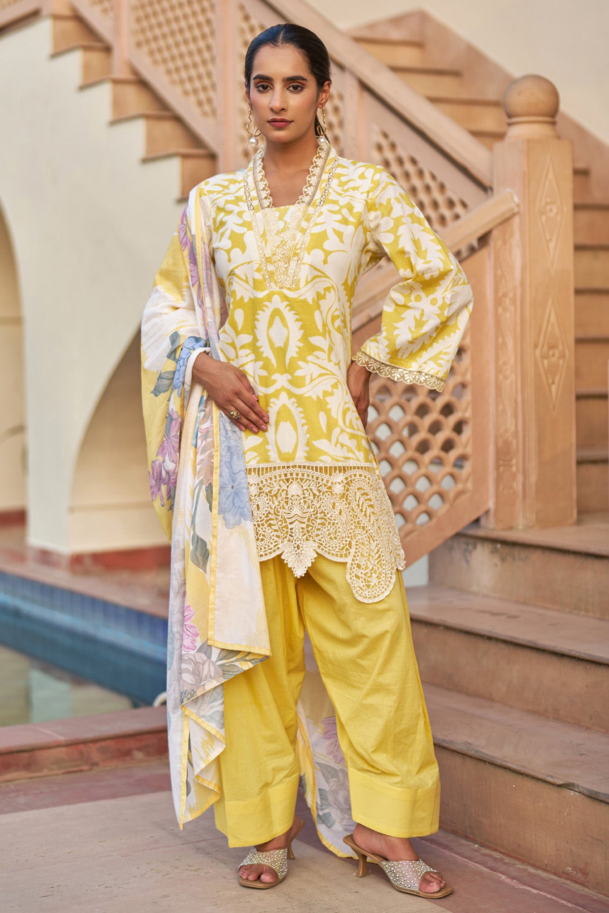 Yellow cotton embroidered Farshi Suit Set With Dupatta